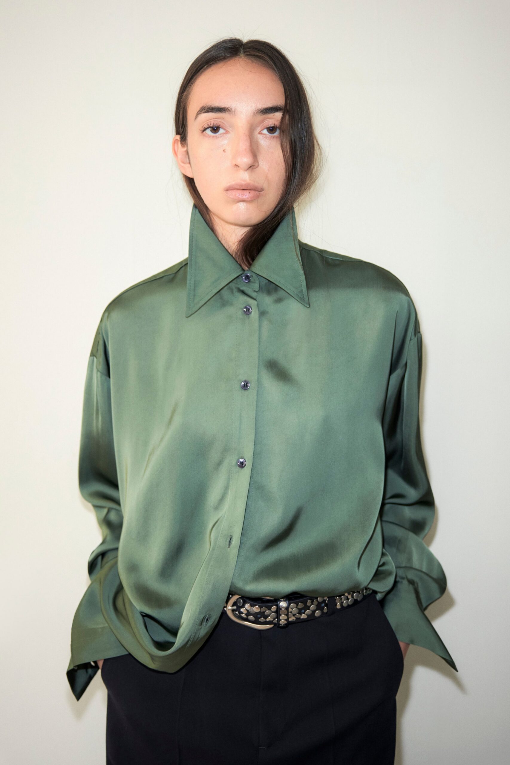 green silk long-sleeve collared relaxed shiny shirt