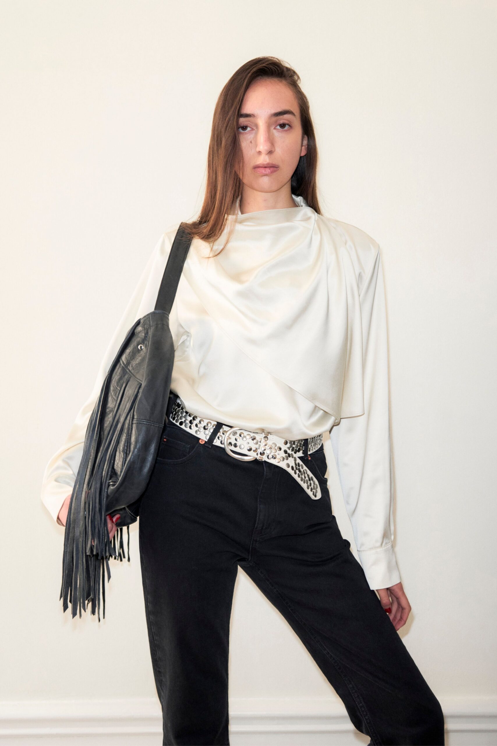 white silk long-sleeve high-neck relaxed draped top