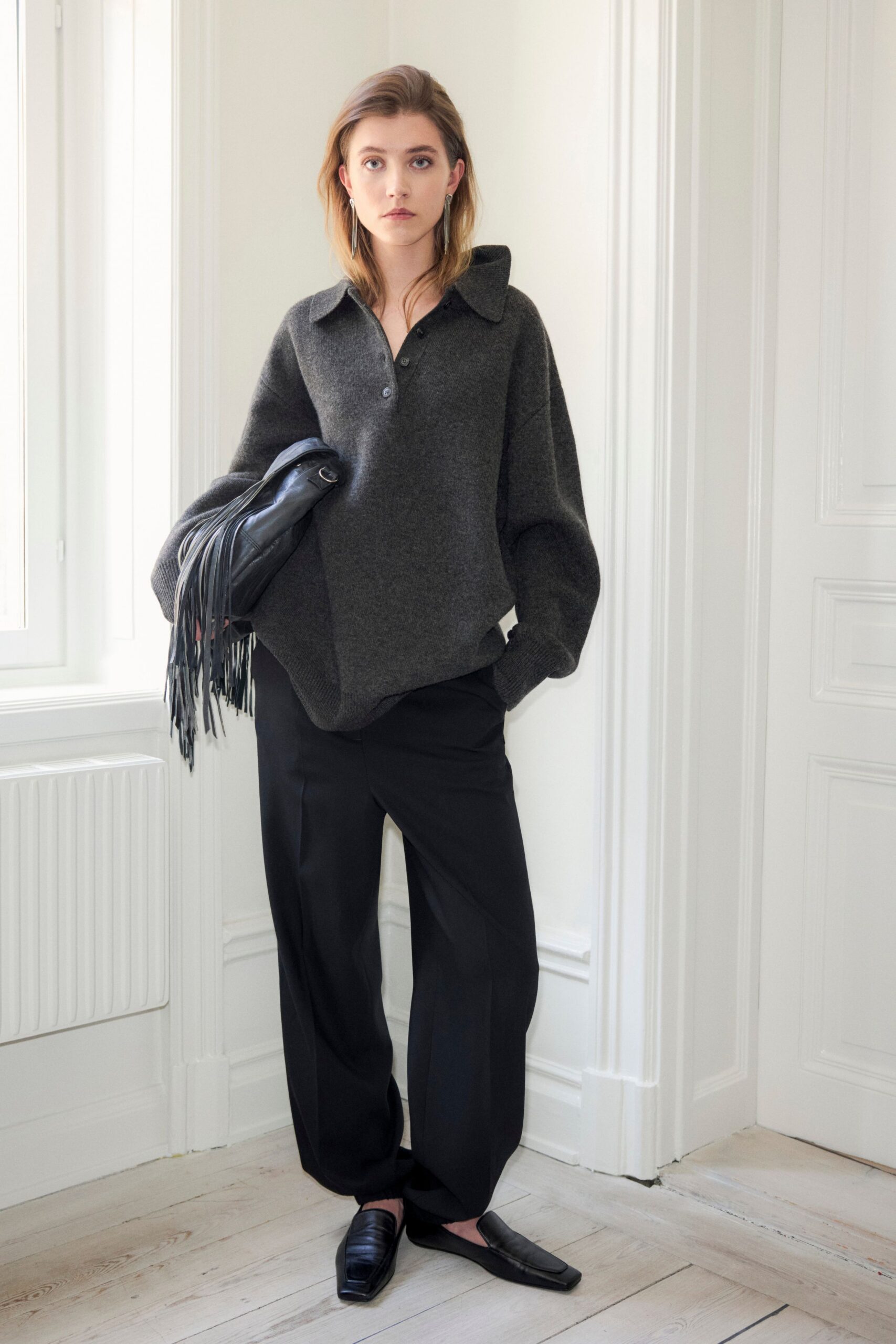 black cotton relaxed straight-leg pants