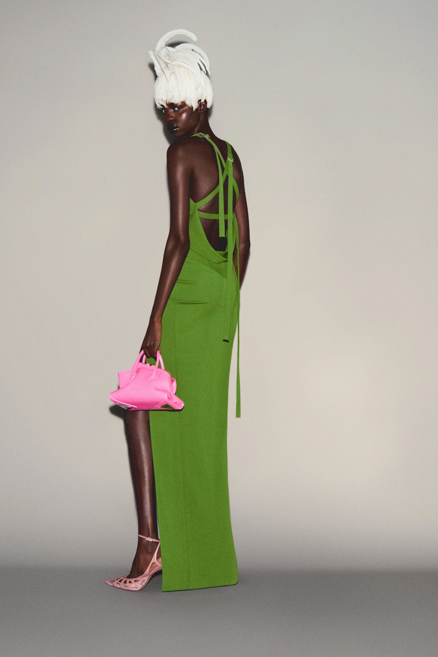 green fitted backless gown