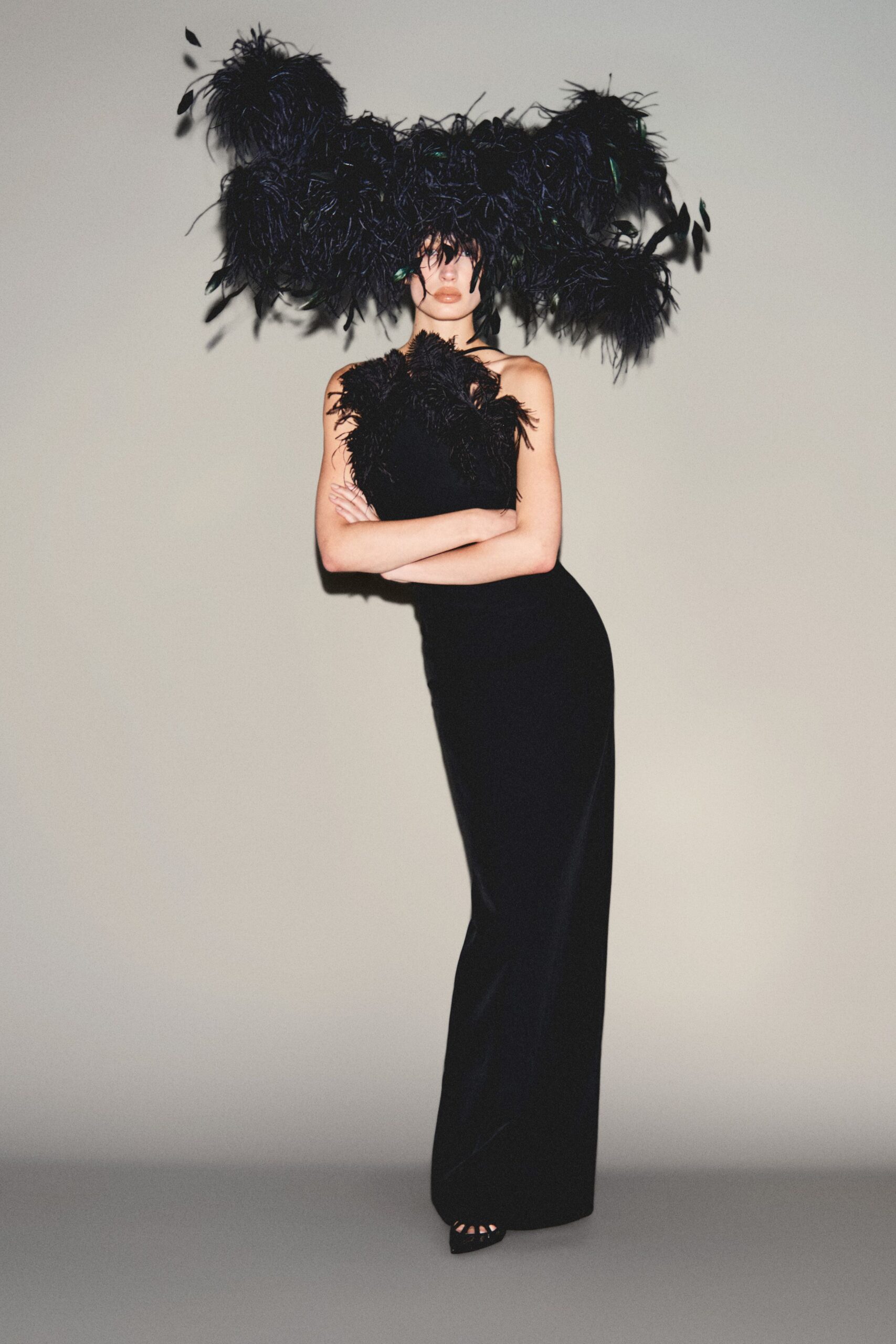 black feather structured embellished hat