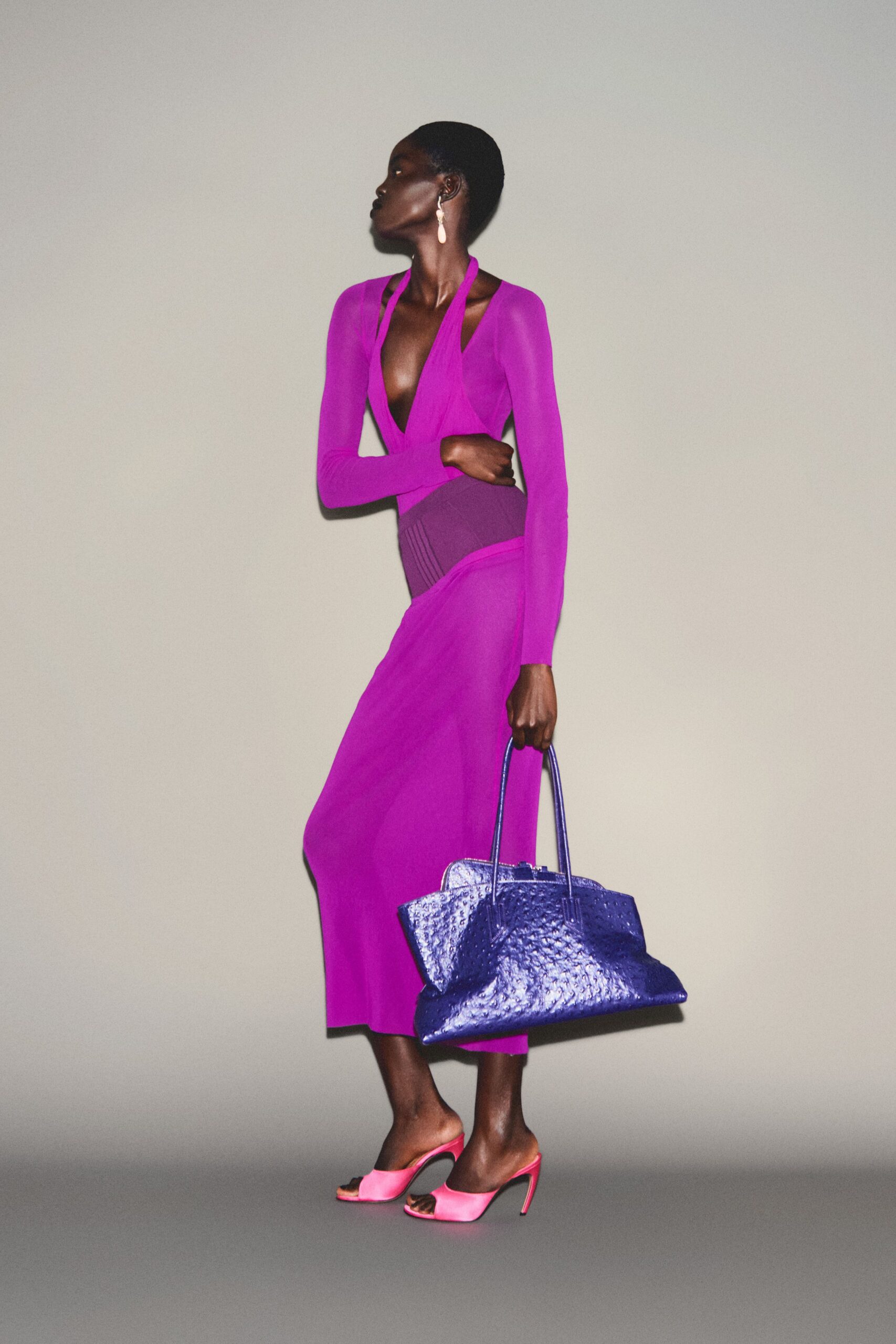 pink silk long-sleeve v-neck fitted draped flowing dress