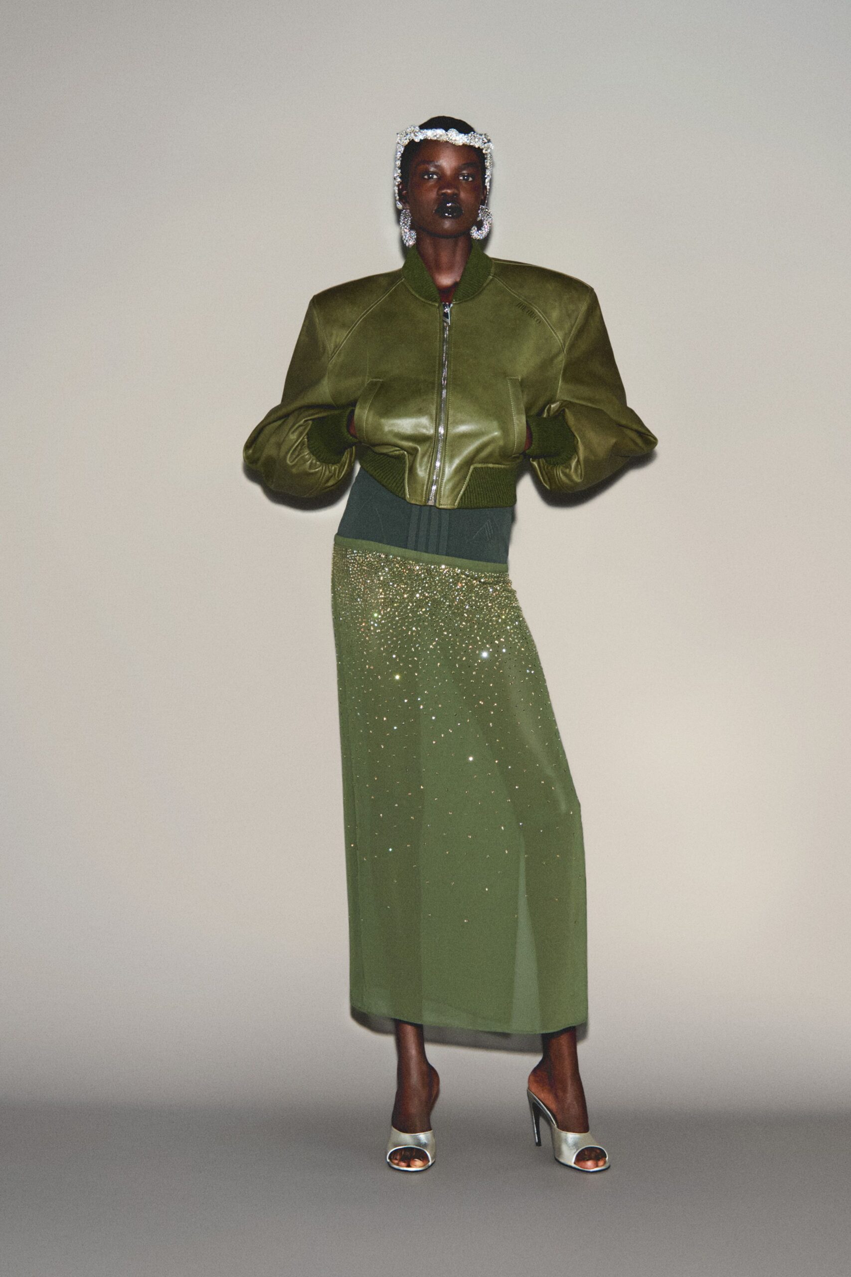 green silk fitted layered embellished flowing midi skirt