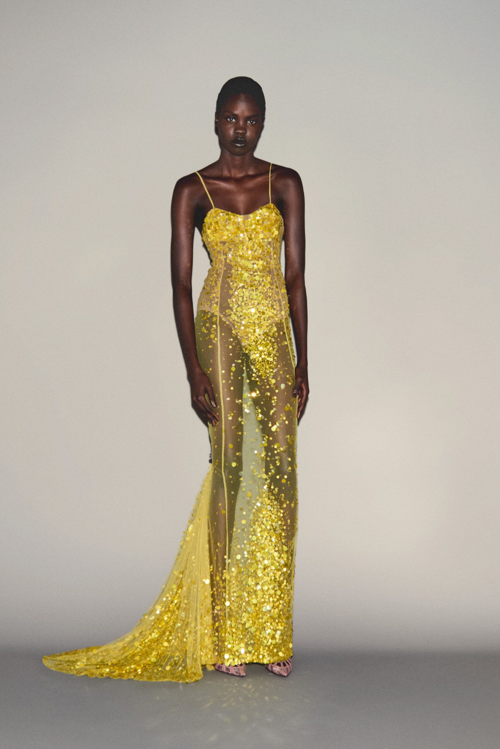 yellow sequined sheer gown