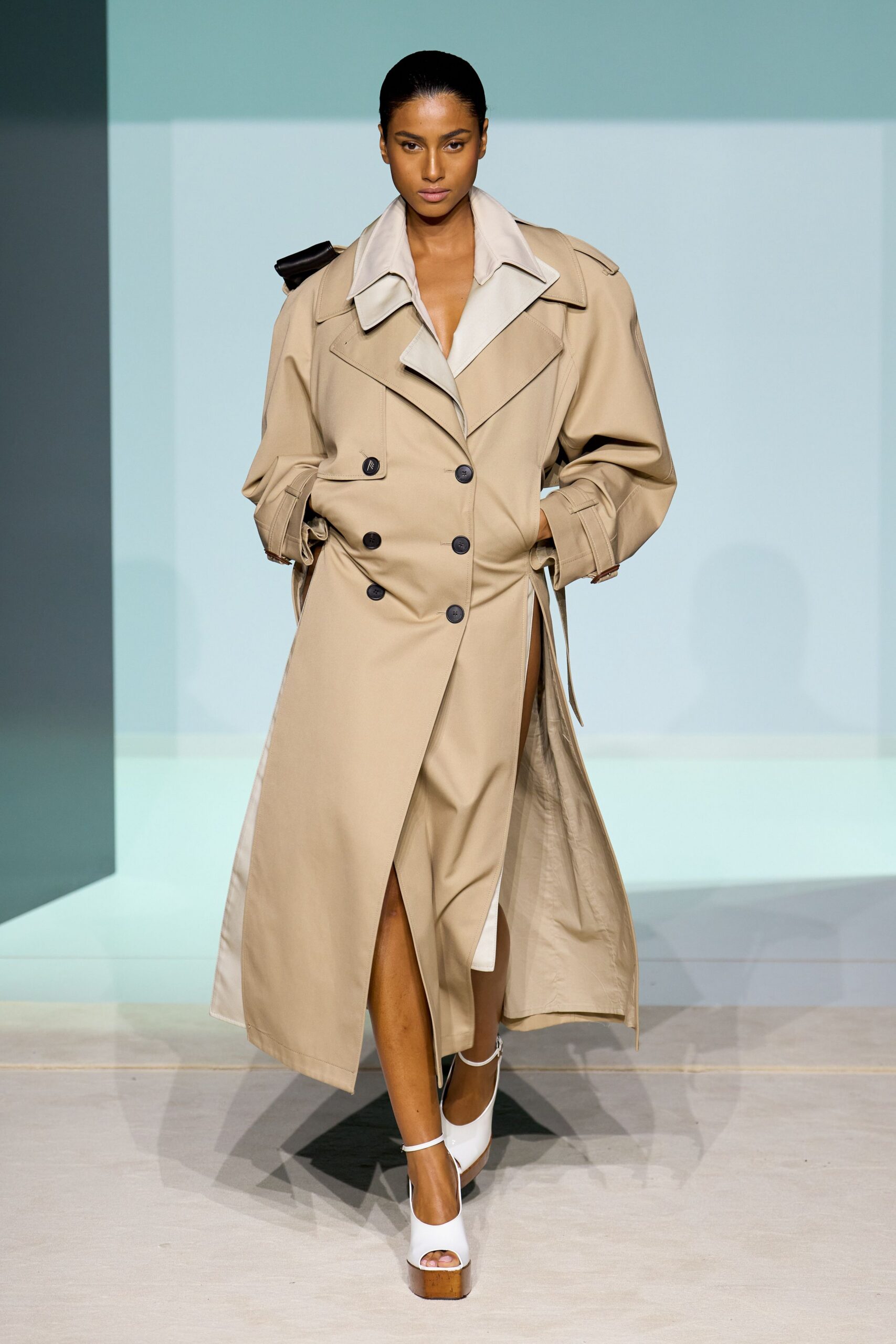 beige cotton long-sleeve collared oversized belted maxi trench