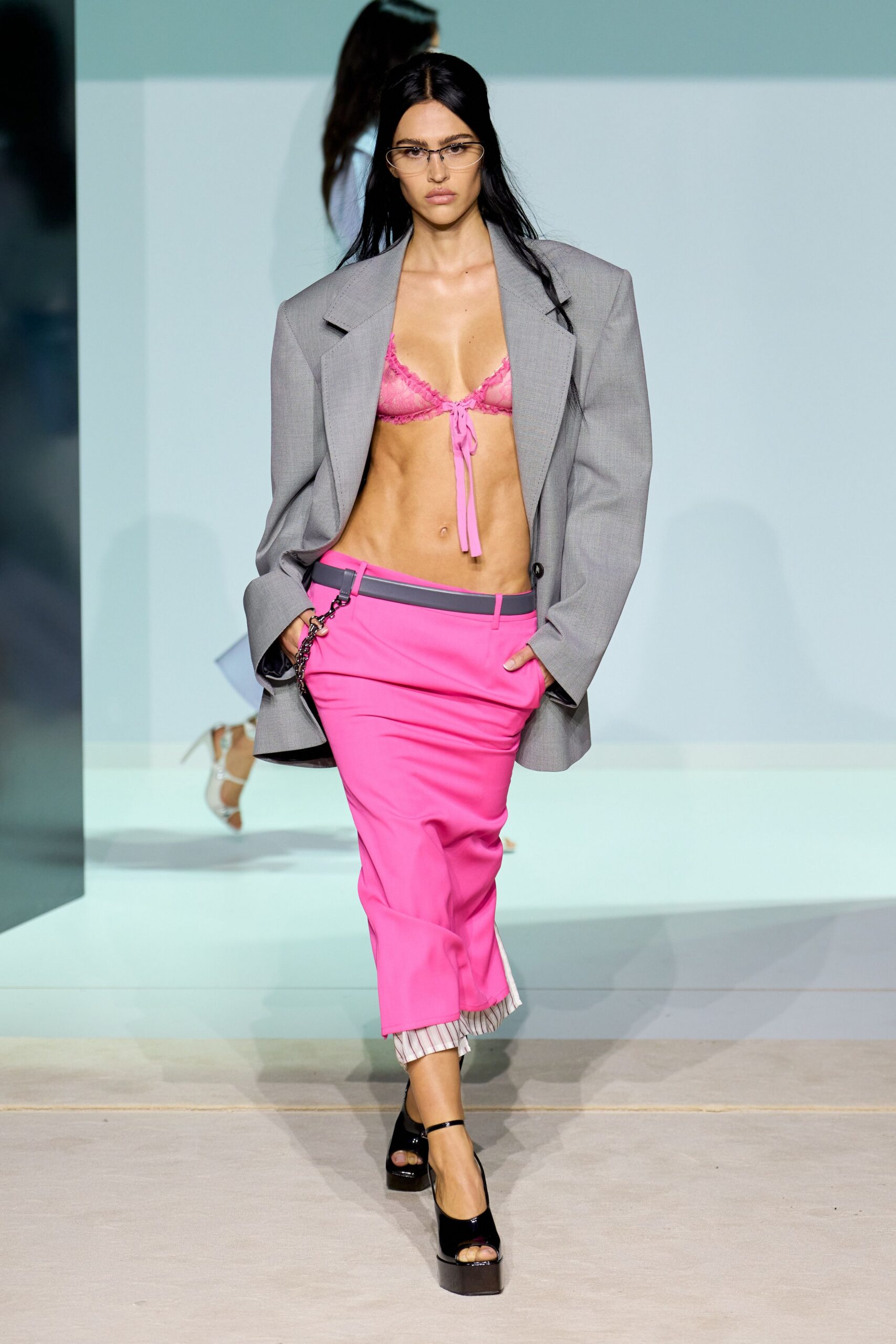 pink fitted pencil midi skirt