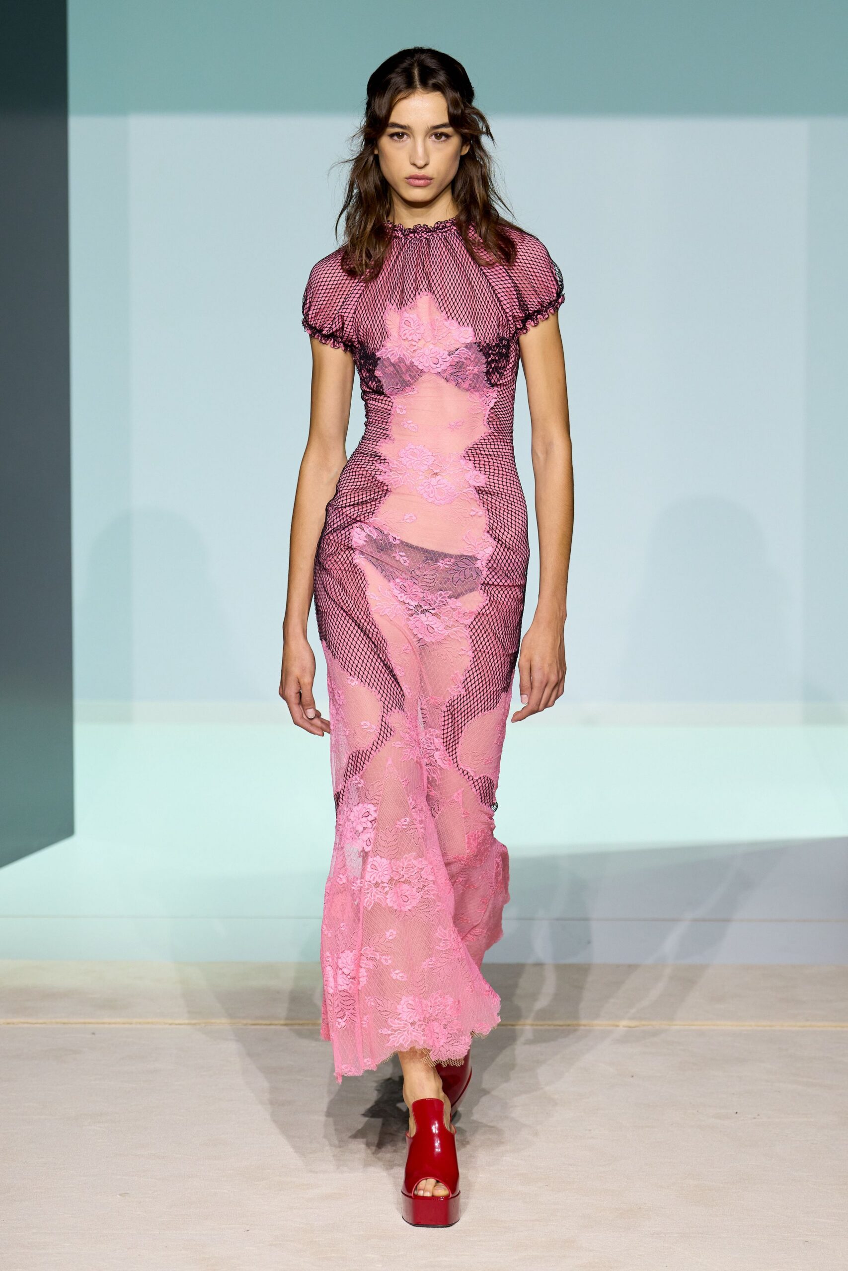 pink lace short-sleeve high-neck fitted ruffled gown