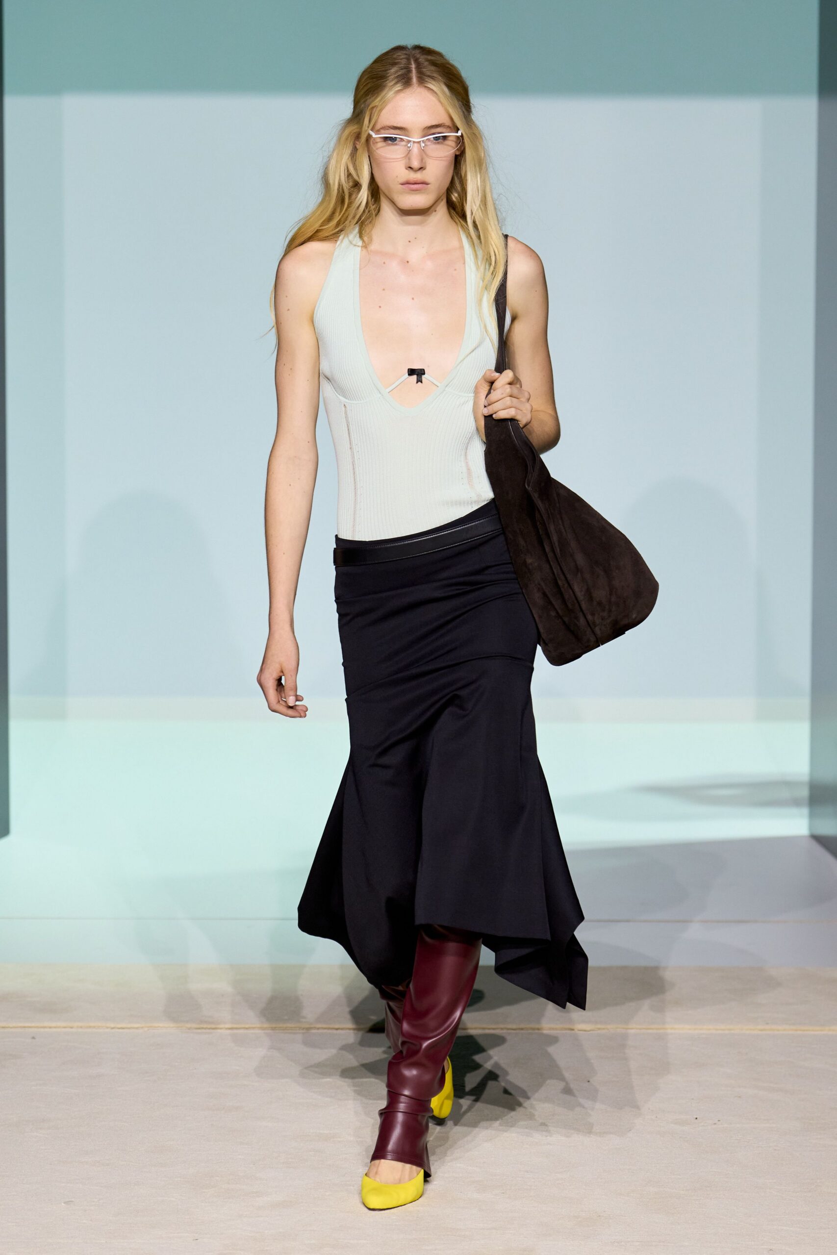 black silk fitted high-waisted flared midi skirt