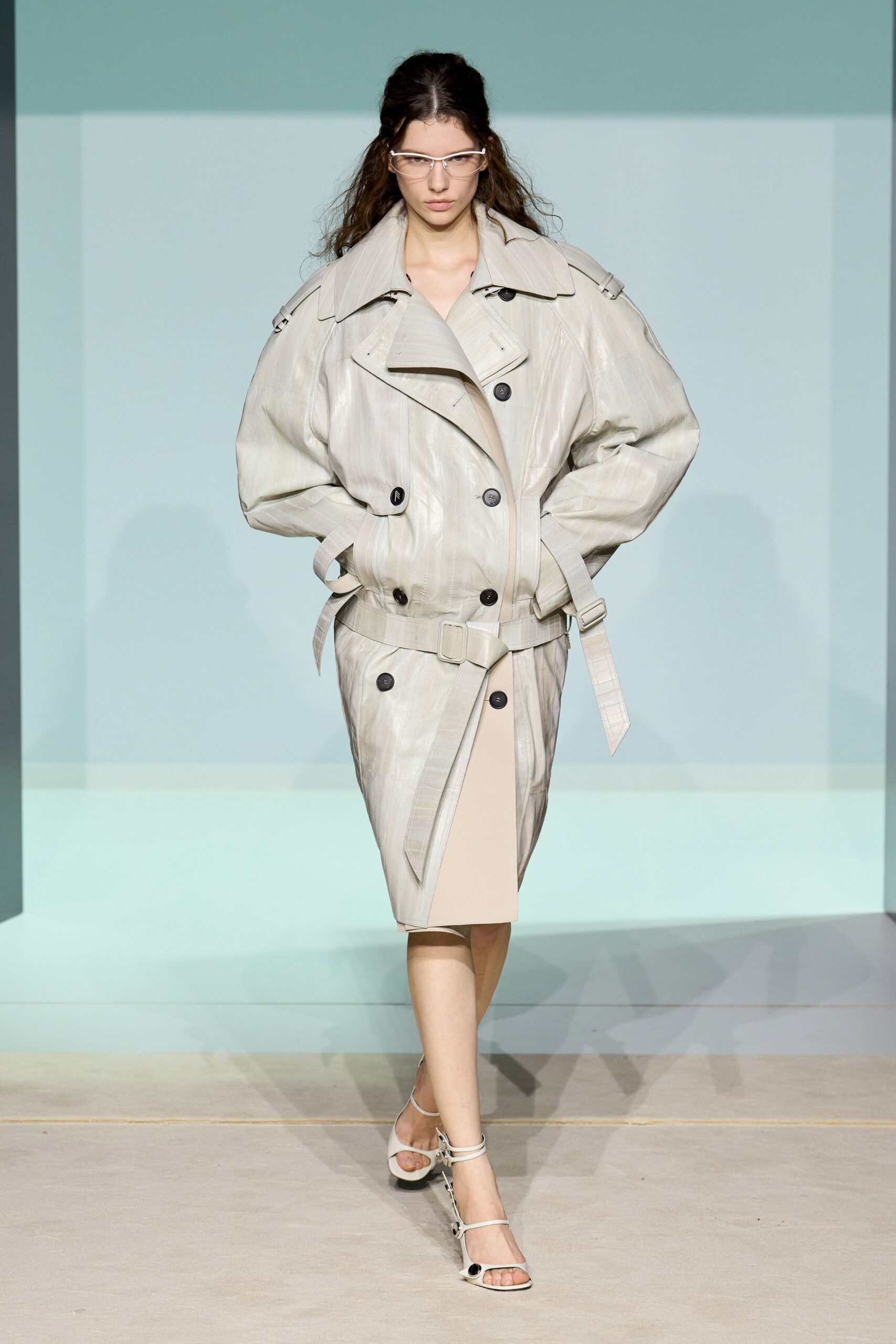 gray vinyl long-sleeve collared oversized zippered belted jacket