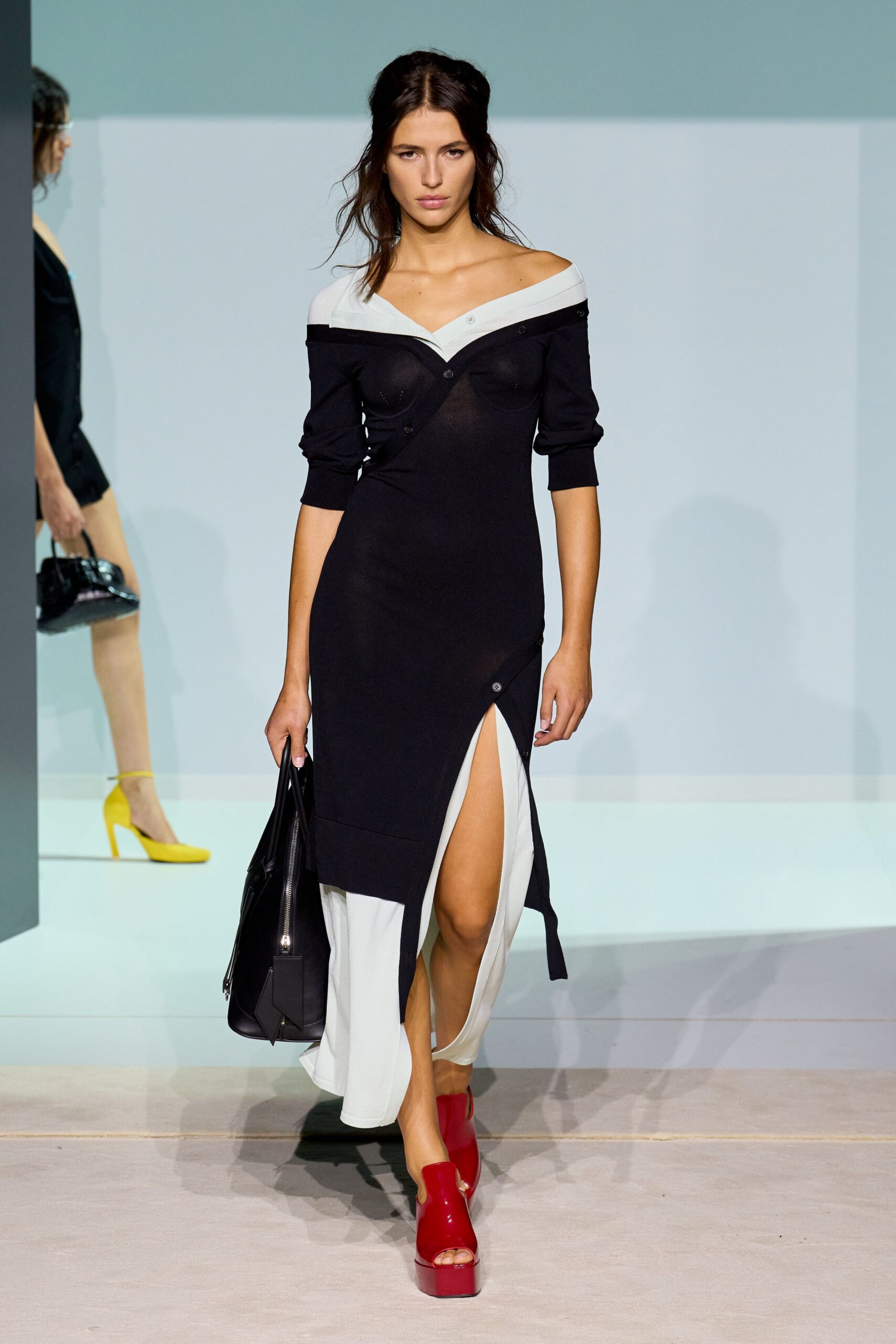 black cotton long-sleeve off-shoulder fitted buttoned midi dress