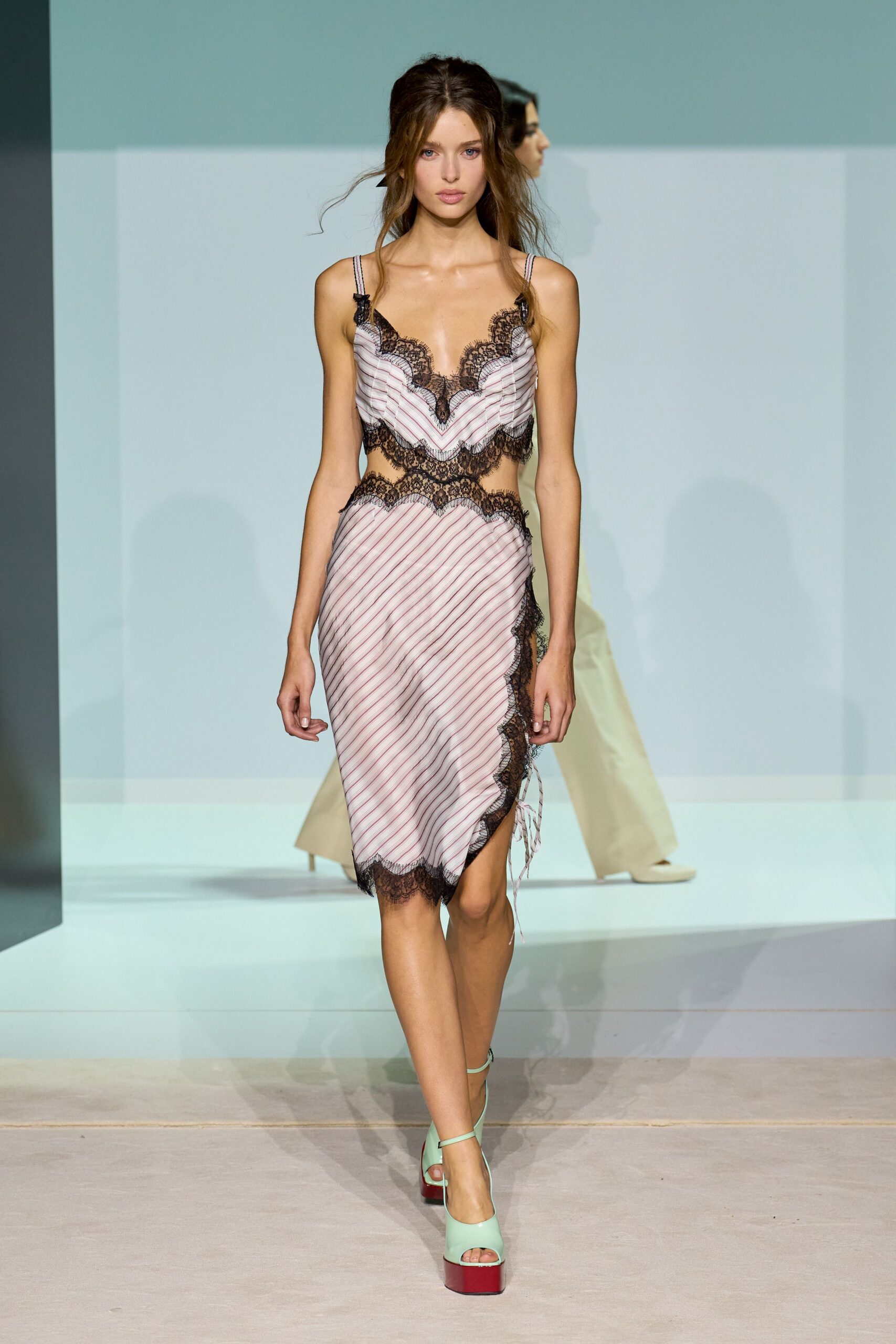 pink silk sleeveless v-neck fitted striped embroidered dress