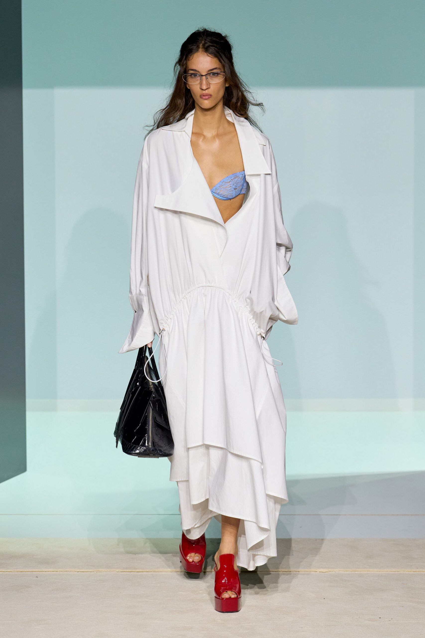 white cotton long-sleeve v-neck relaxed draped midi dress