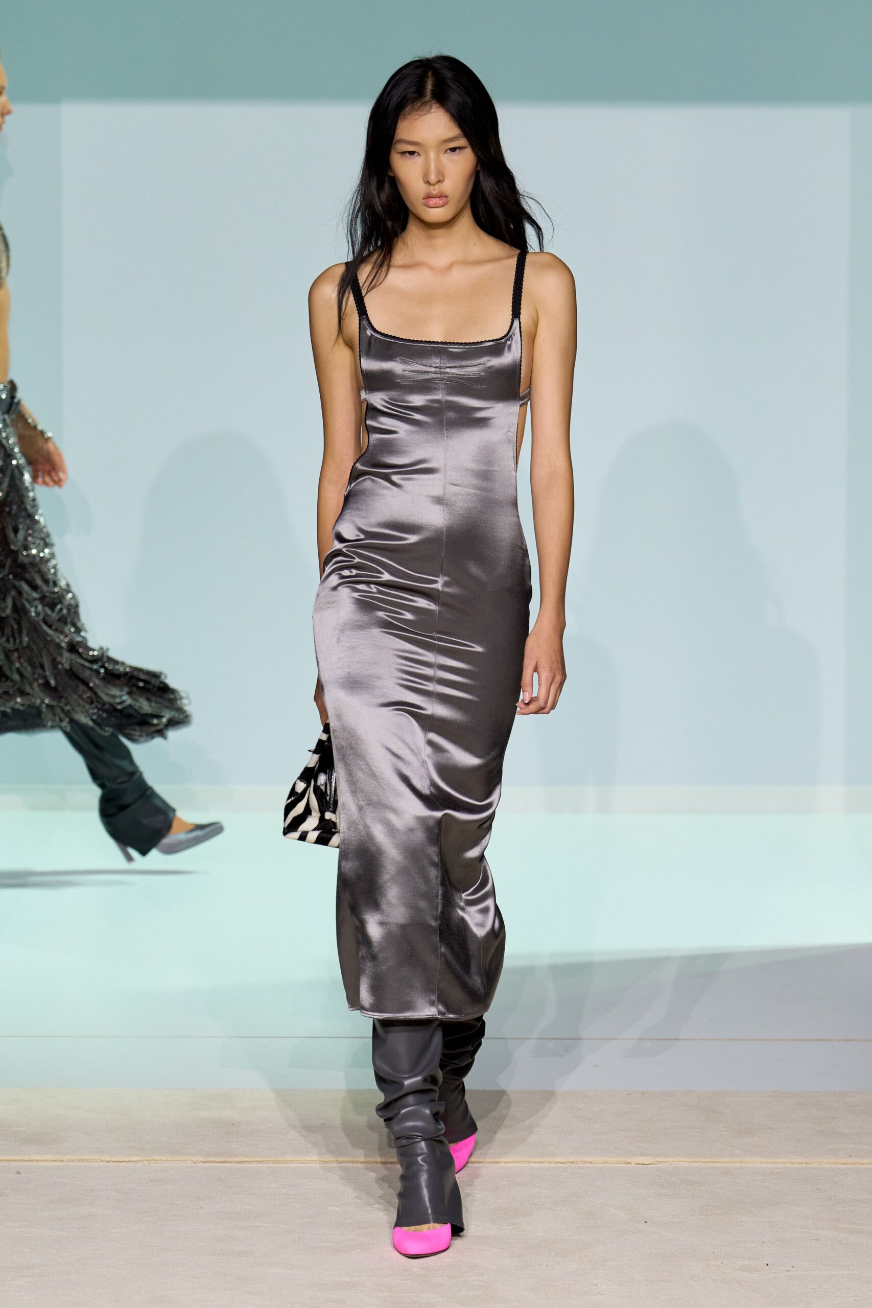gray silk sleeveless square-neck fitted shiny midi dress