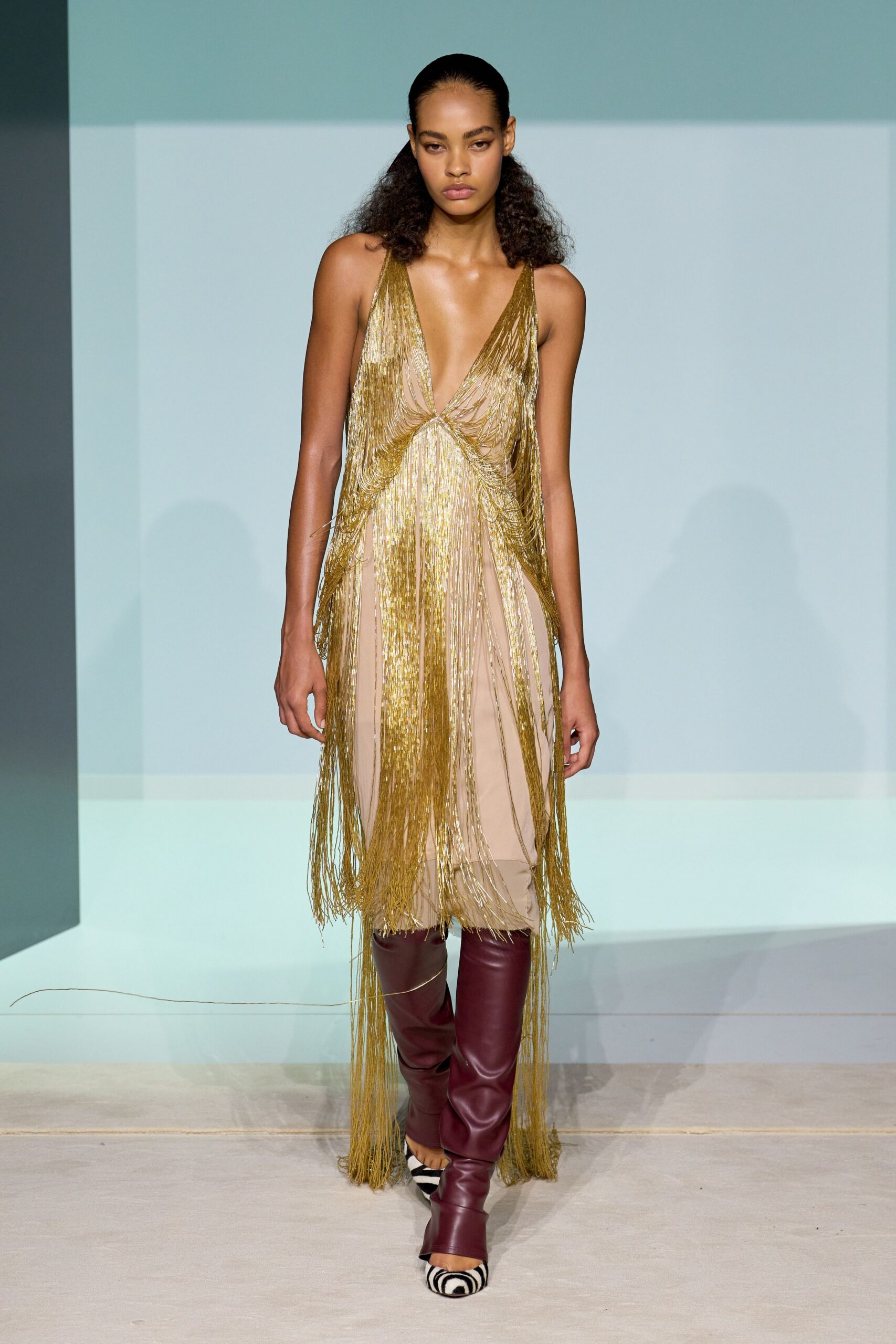 gold silk sleeveless v-neck fitted fringed layered dress