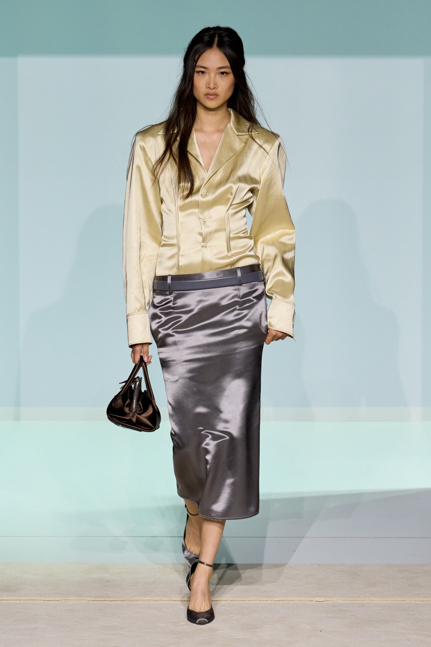 gray satin fitted pencil shiny midi skirt
