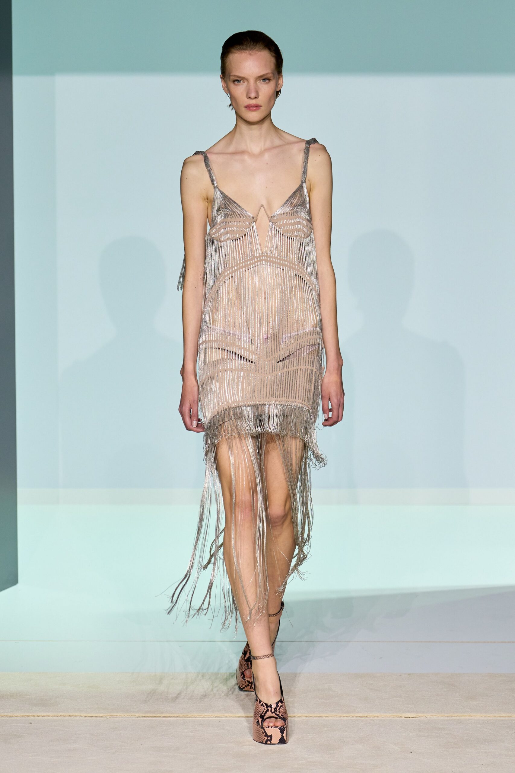 gray silk sleeveless v-neck fitted fringed beaded dress