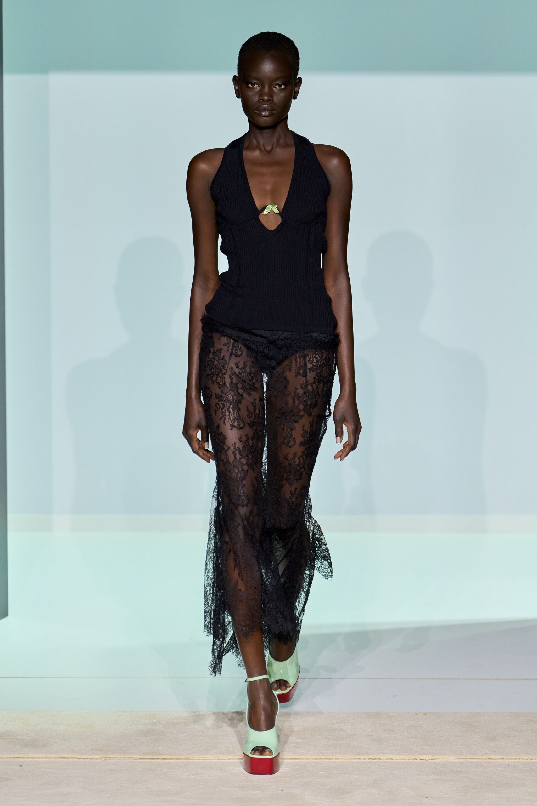 black lace fitted flared sheer pants