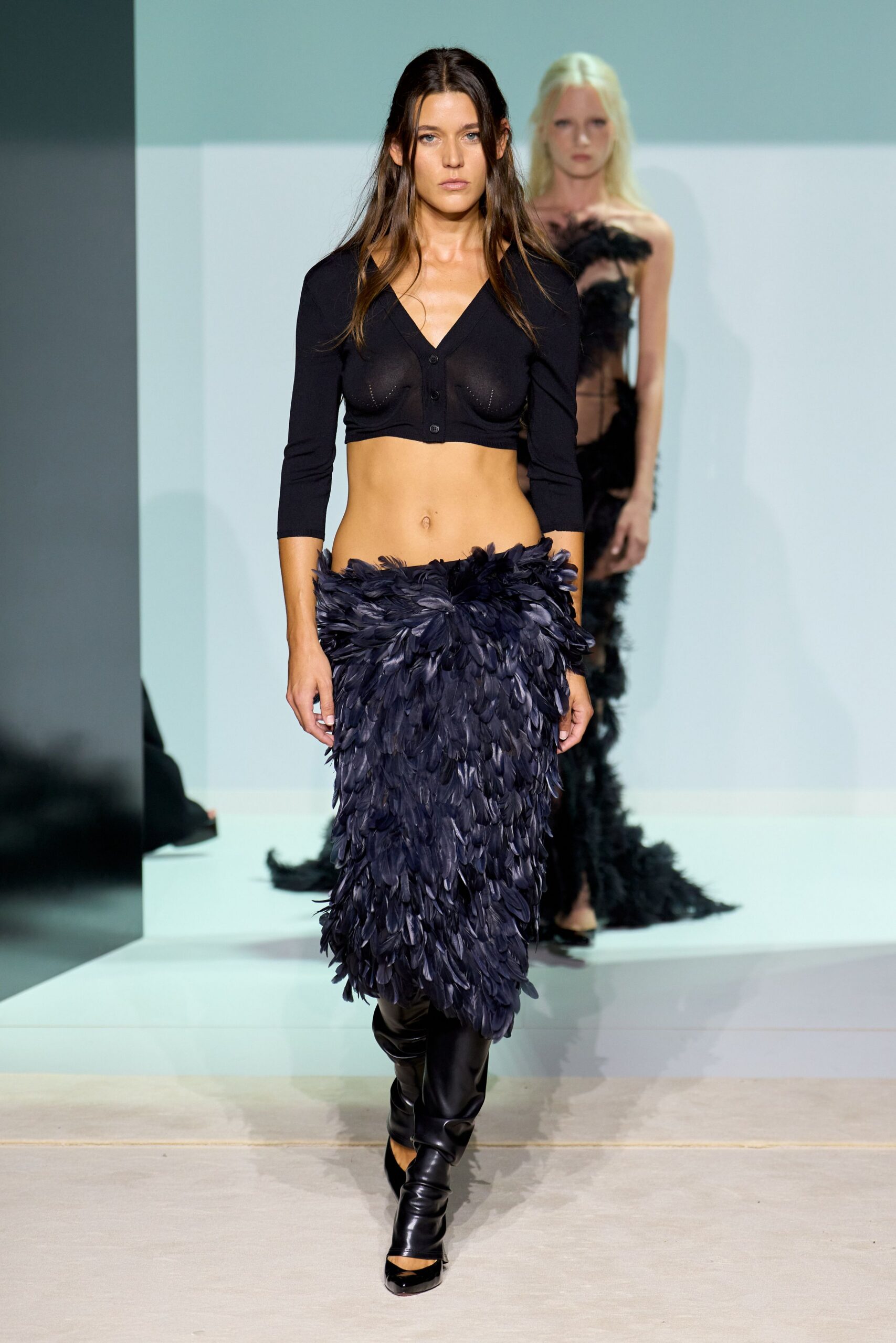 black feather fitted layered skirt