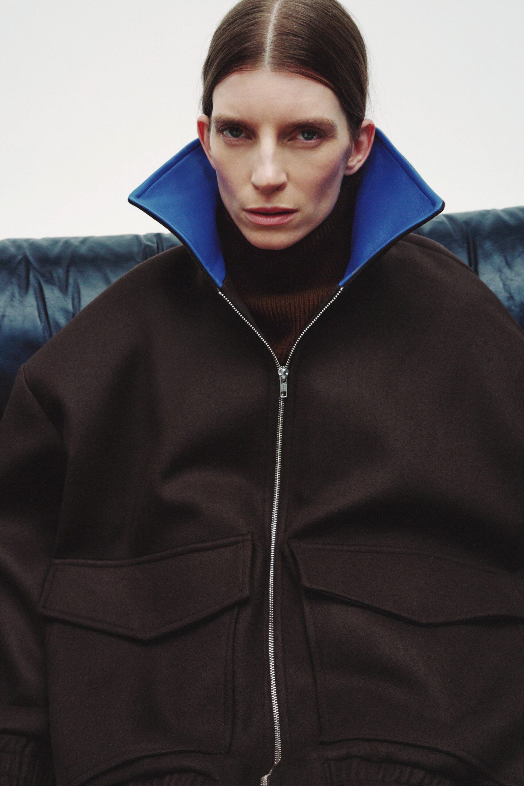 oversized brown wool jacket with blue collar