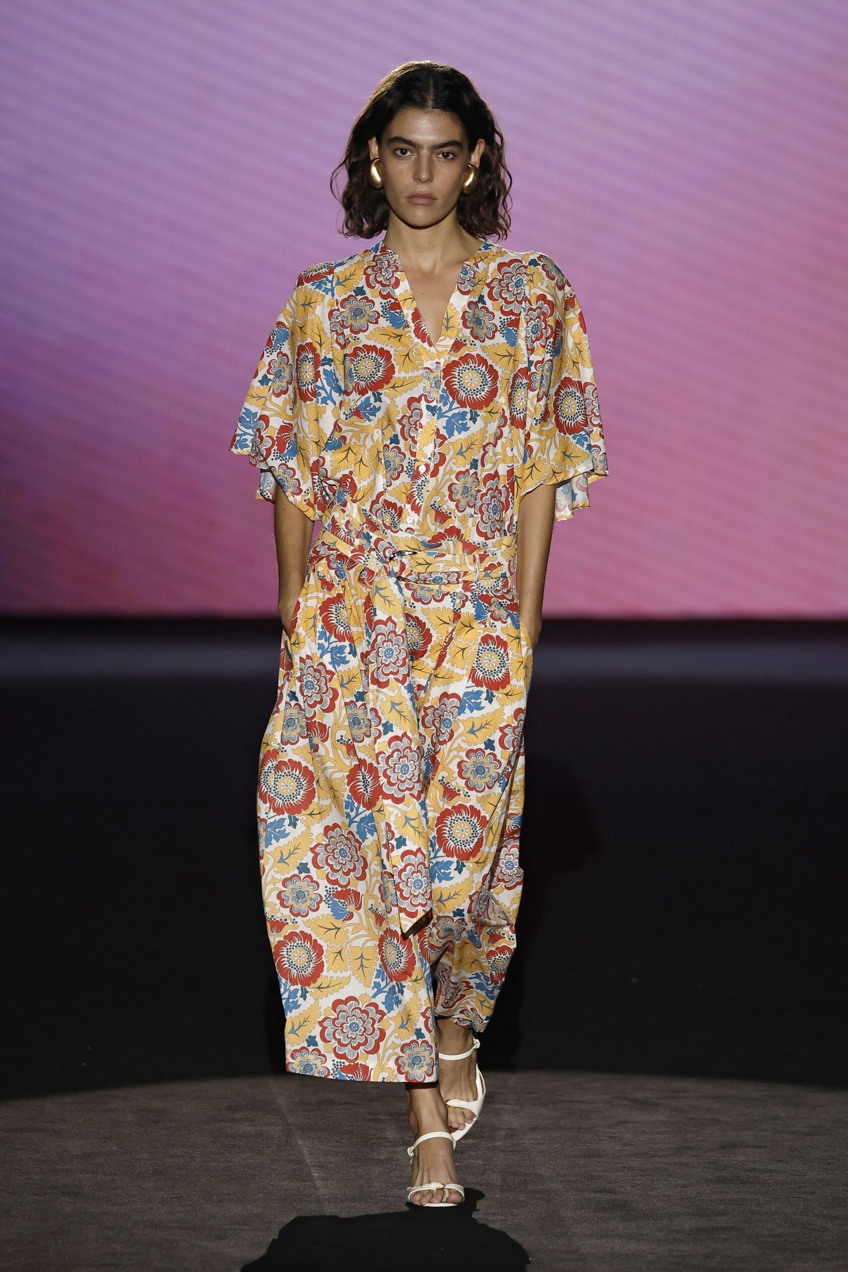 yellow silk short-sleeve v-neck relaxed floral draped dress
