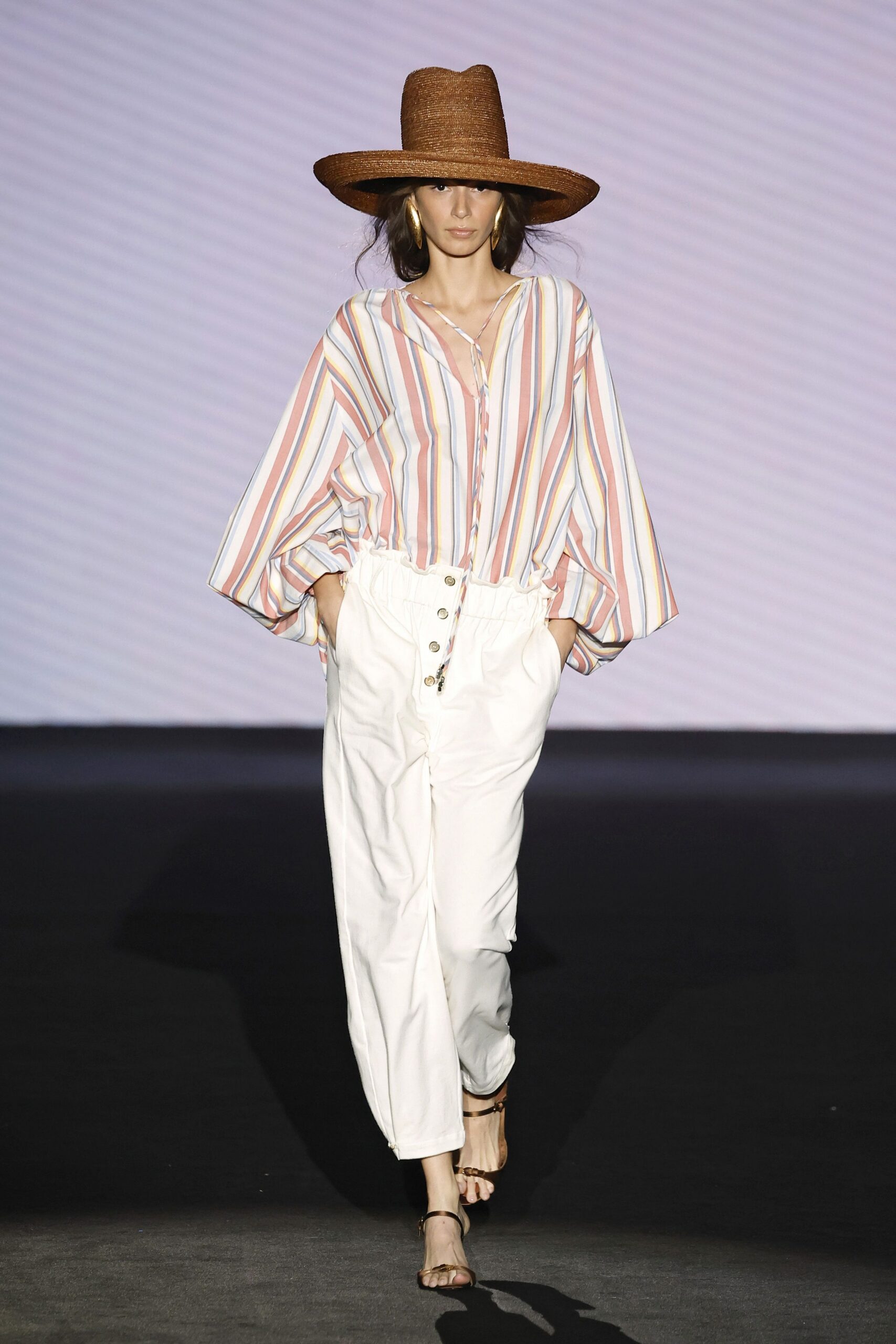 striped shirt white pants sandals hat