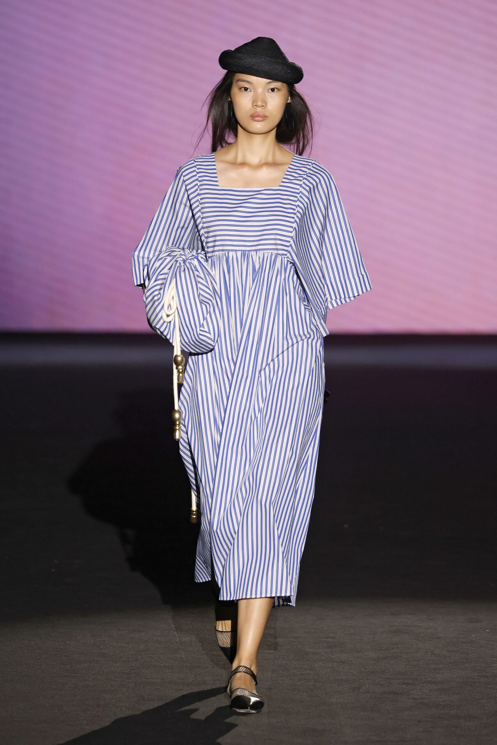 blue and white striped midi dress