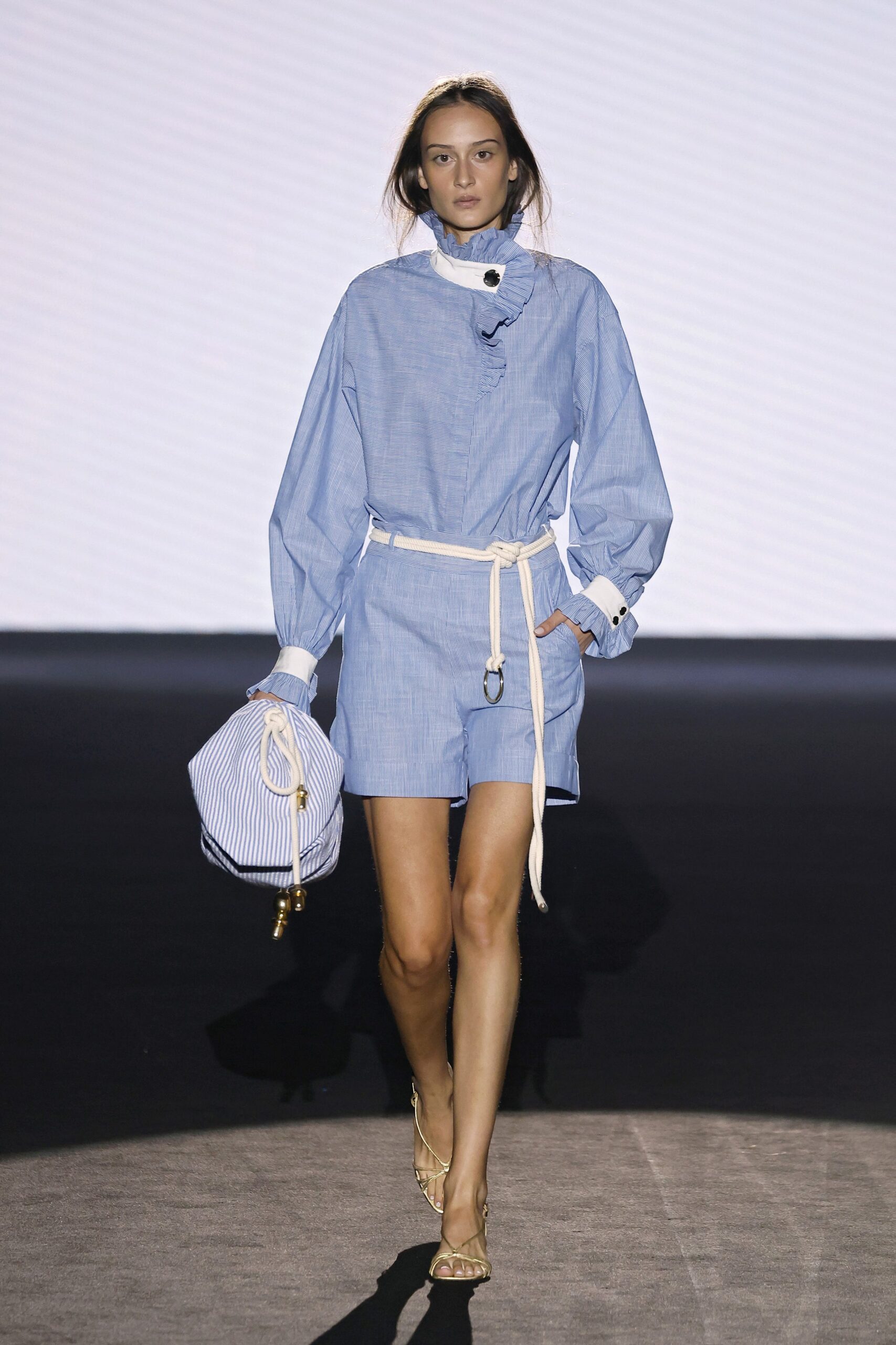 blue cotton long-sleeve collared relaxed buttoned belted dress