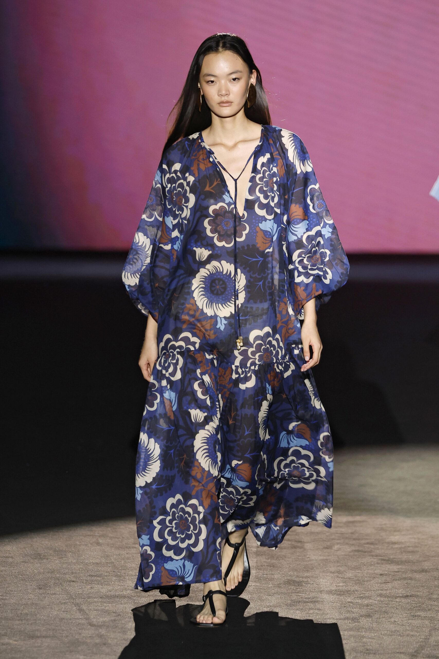 blue chiffon long-sleeve v-neck relaxed floral layered dress