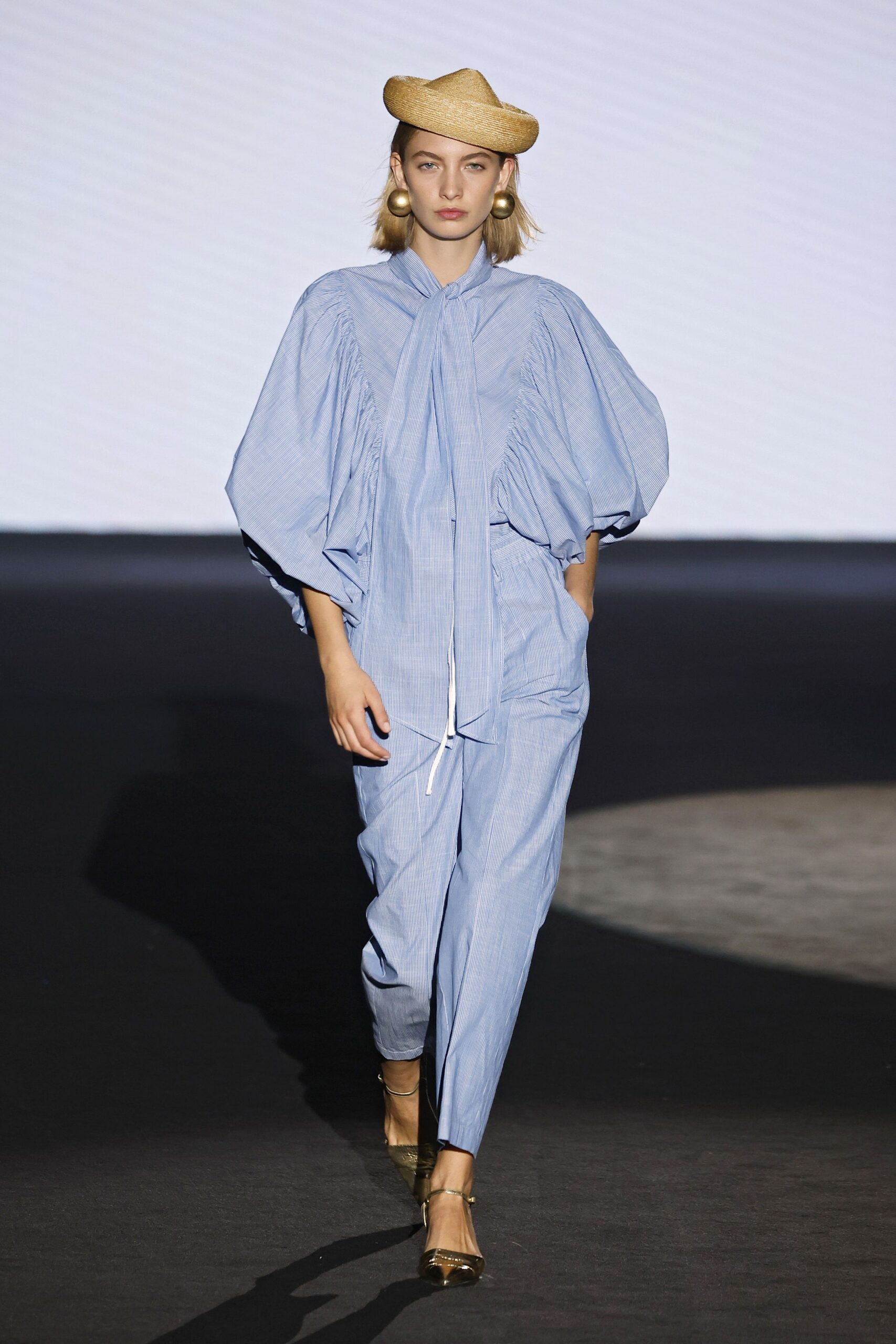 blue cotton long-sleeve collared relaxed pleated jumpsuit