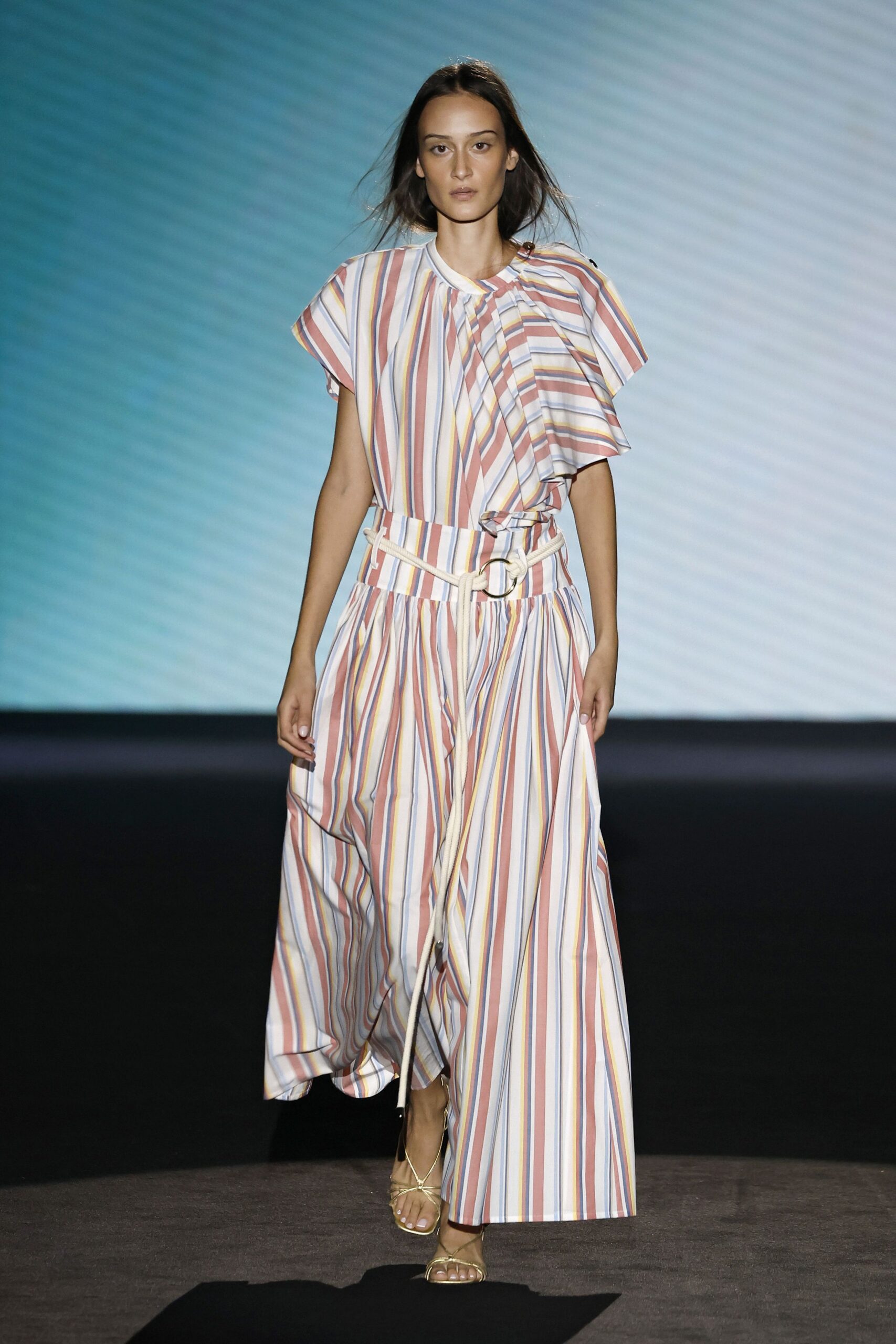 multi cotton sleeveless collared relaxed striped belted dress