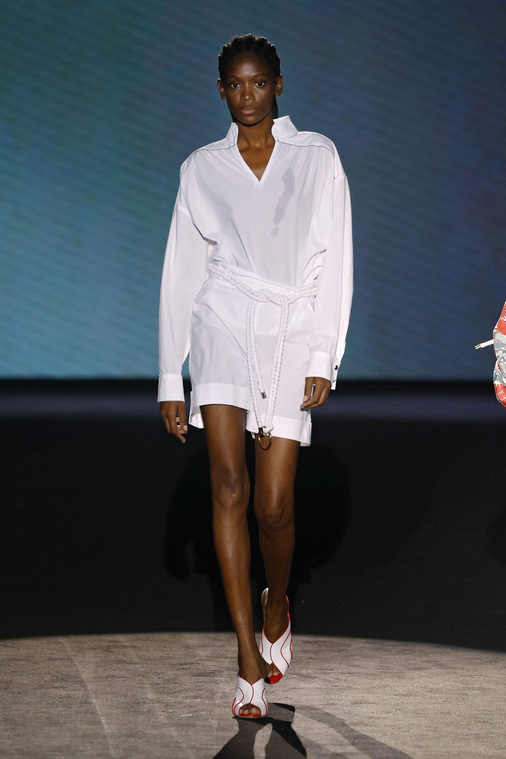 white cotton long-sleeve collared relaxed belted mini shirt-dress
