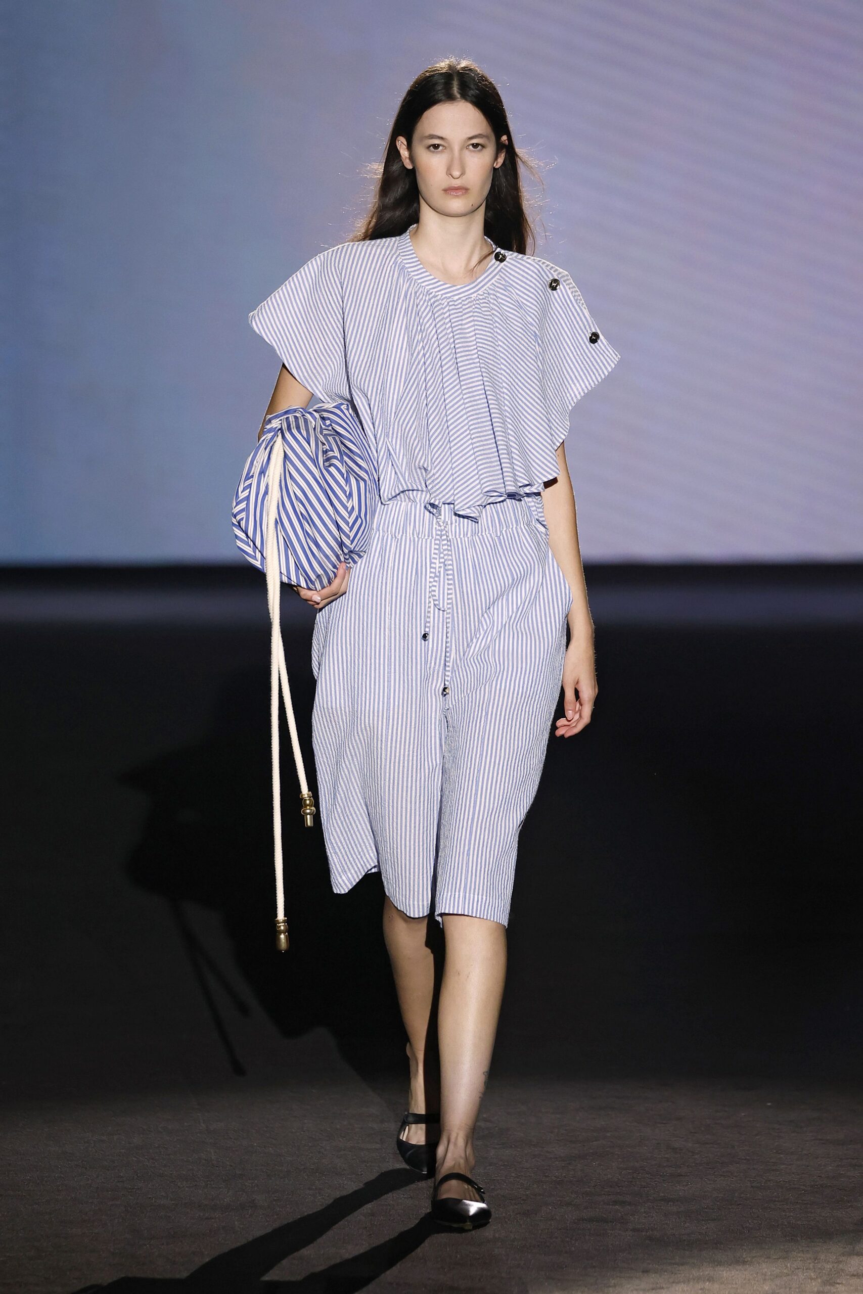 blue cotton short-sleeve collared relaxed striped midi dress