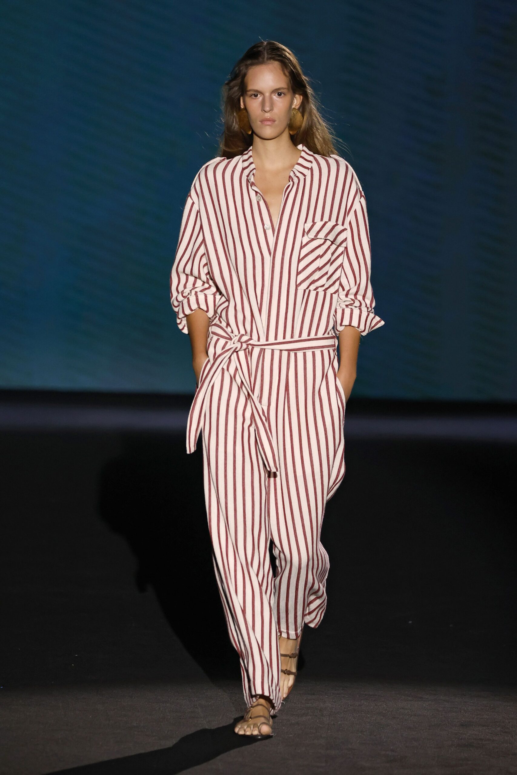 white cotton long-sleeve collared relaxed striped belted jumpsuit
