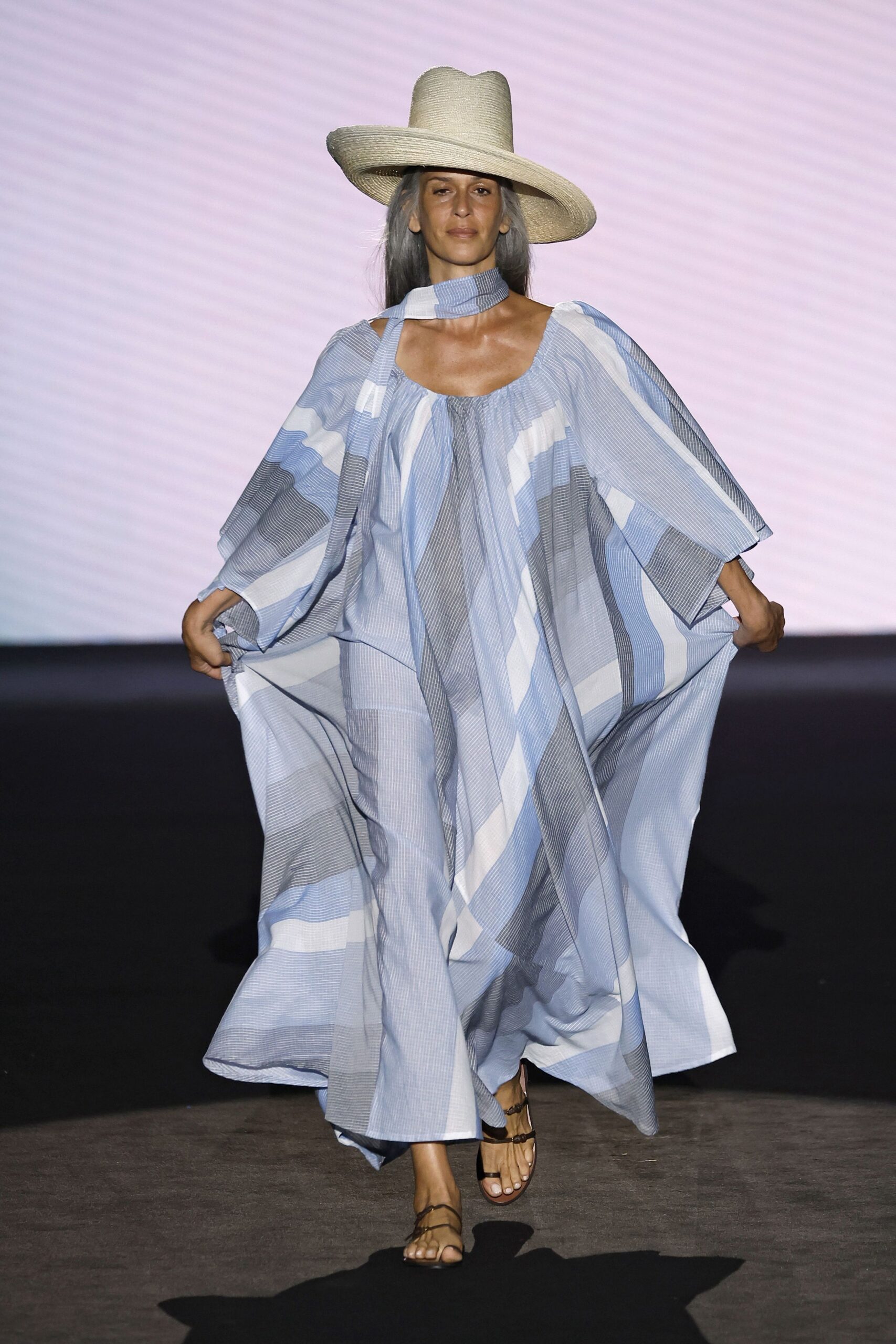 blue cotton sleeveless off-shoulder relaxed layered flowing dress