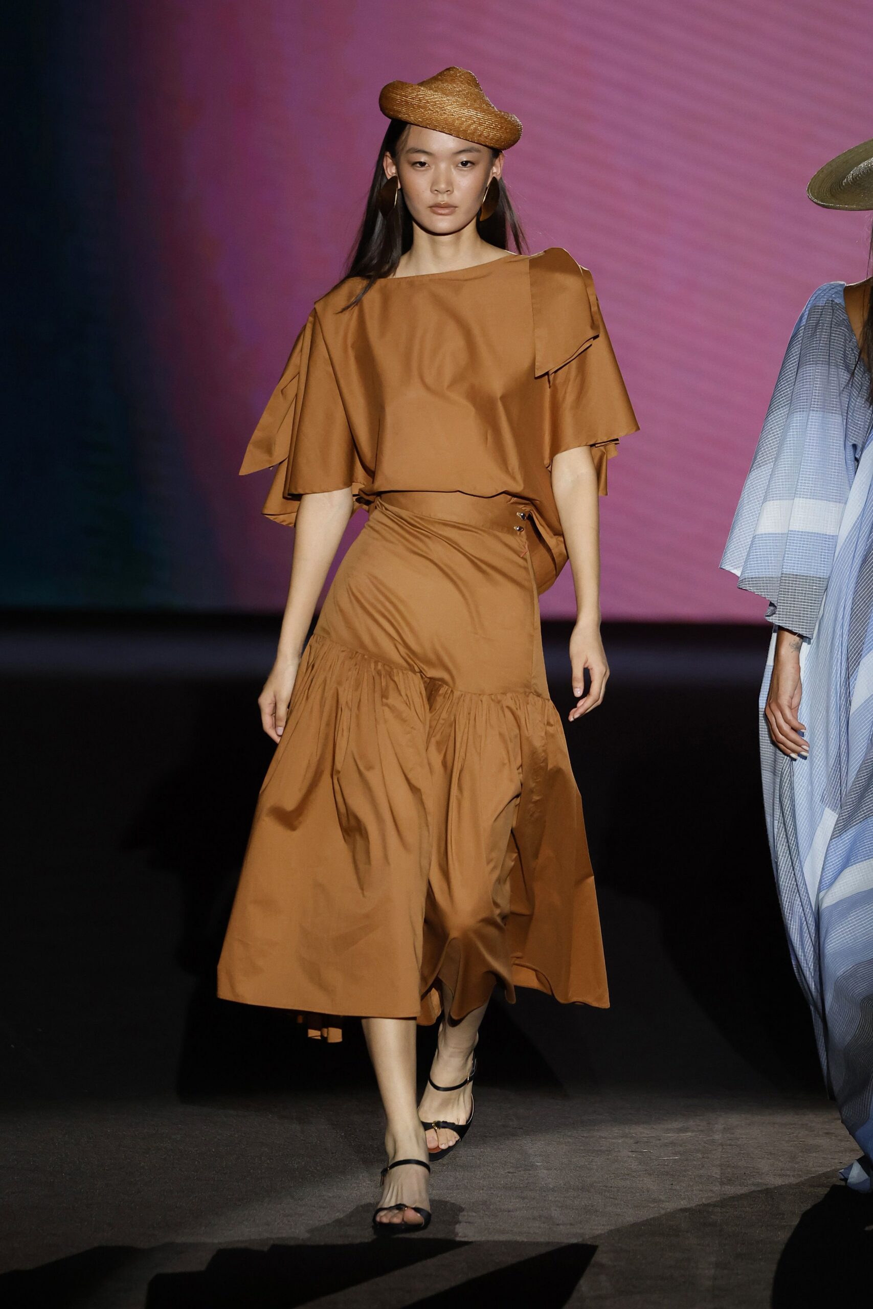 brown cotton midi dress with hat