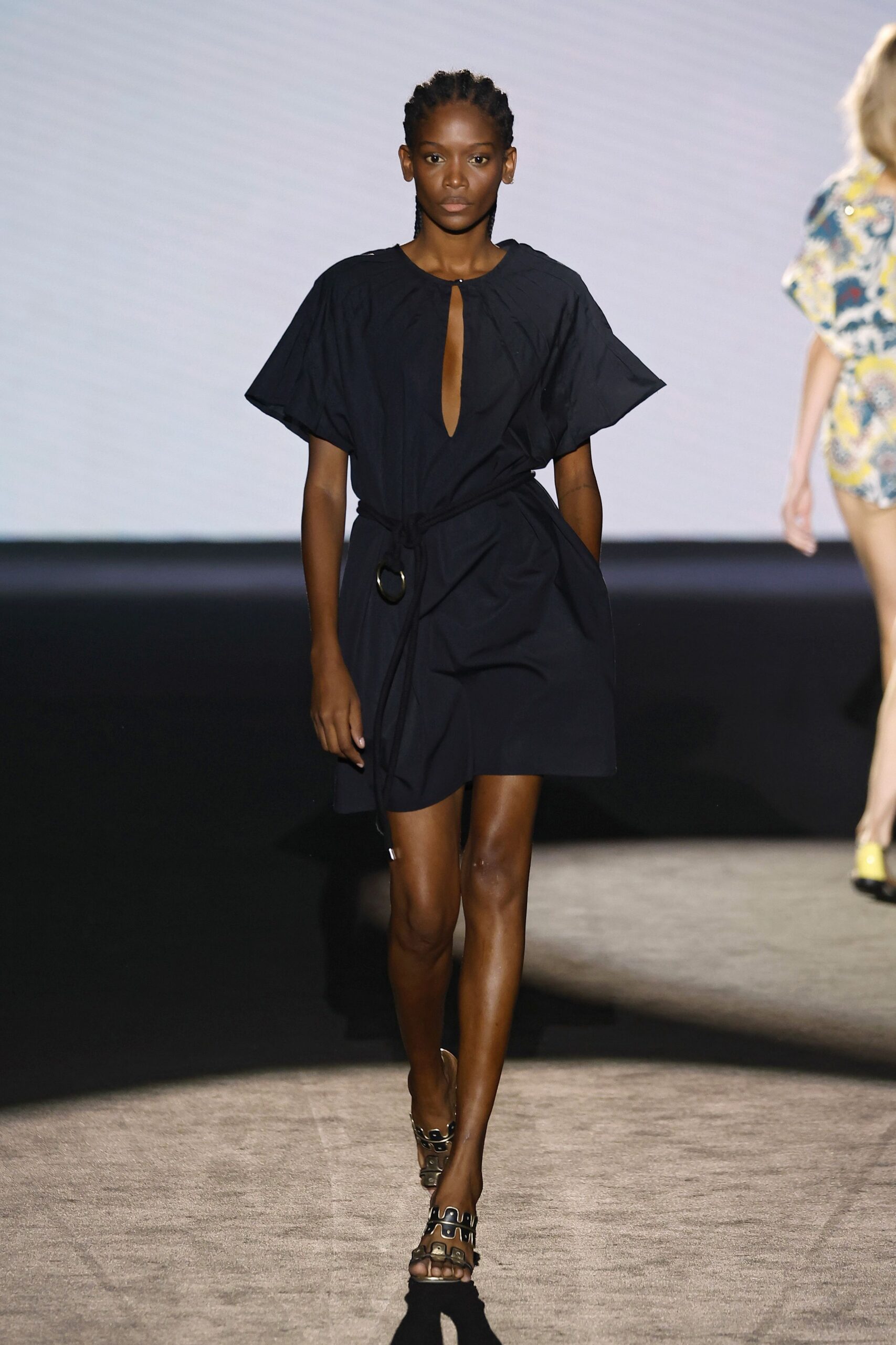 black cotton short-sleeve v-neck fitted belted mini dress
