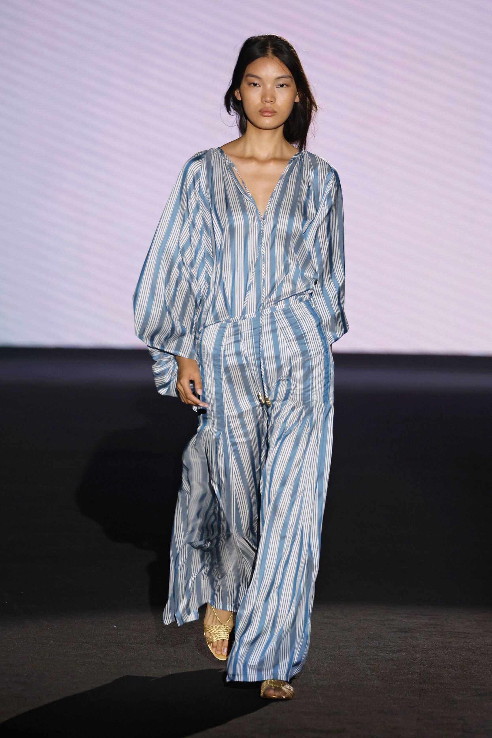 blue cotton long-sleeve v-neck relaxed striped jumpsuit