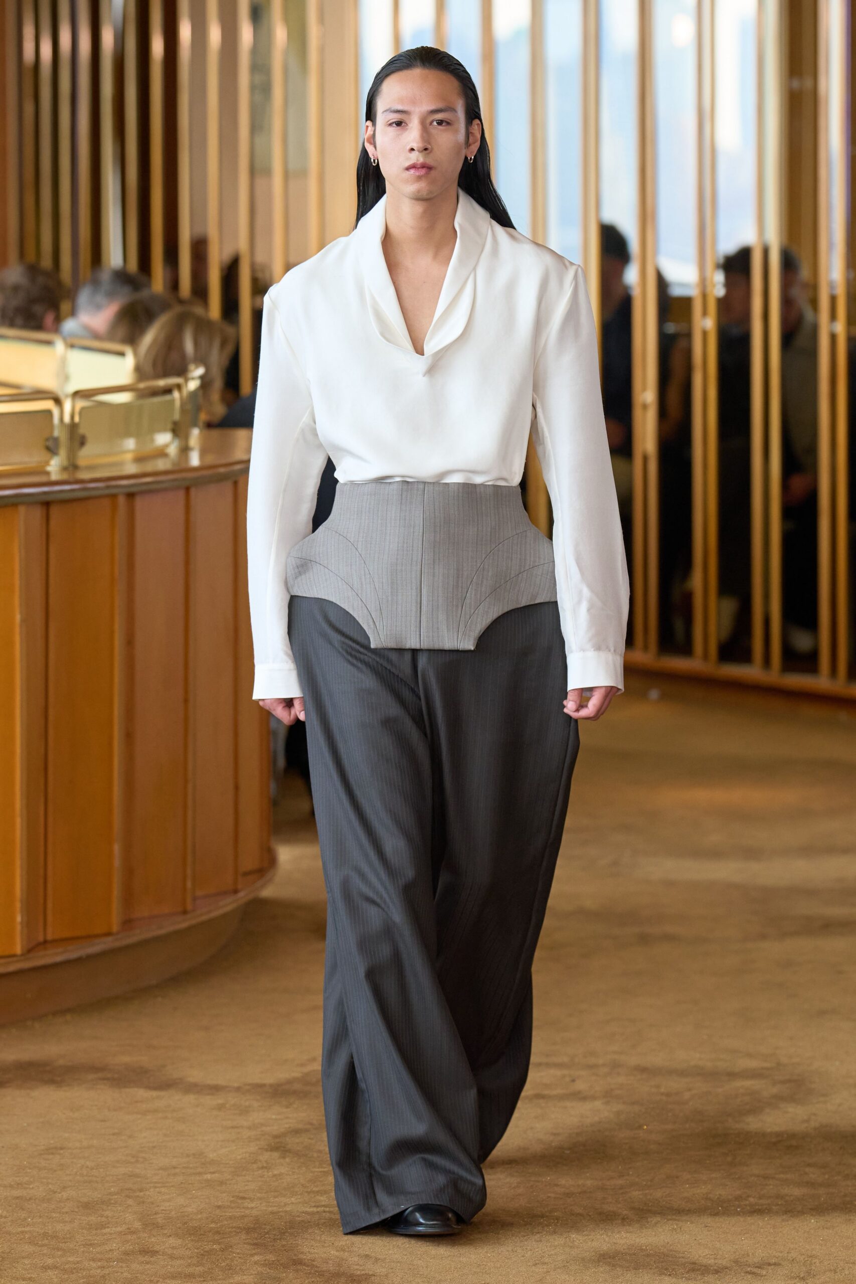 white silk shirt gray pants