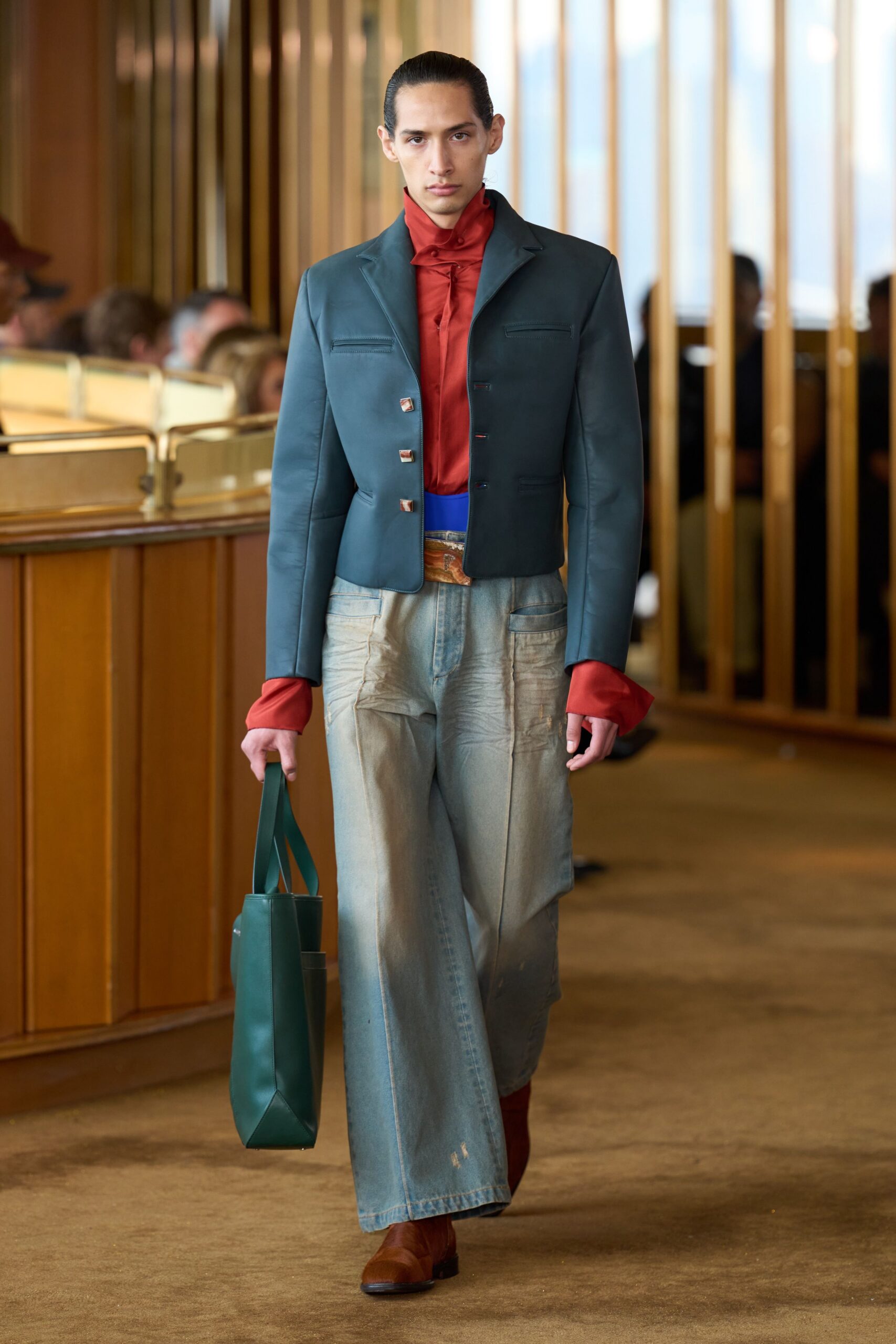 blue cotton long-sleeve collared structured buttoned jacket