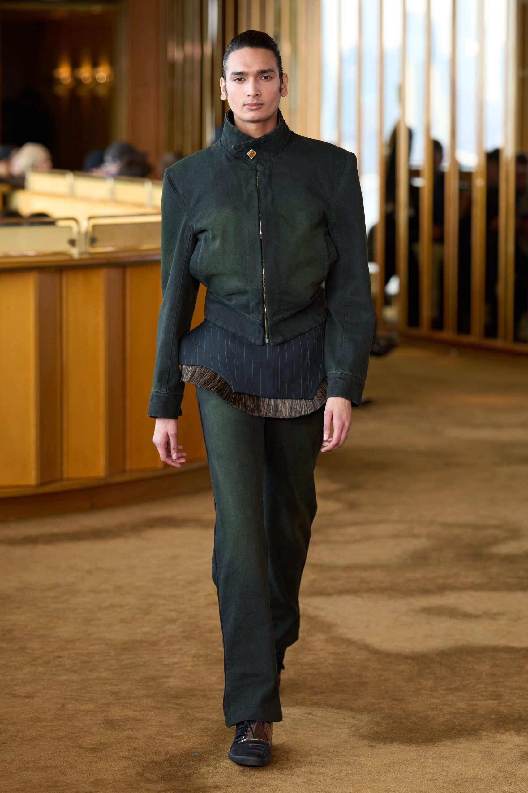 green cotton long-sleeve collared structured zippered fringed jacket