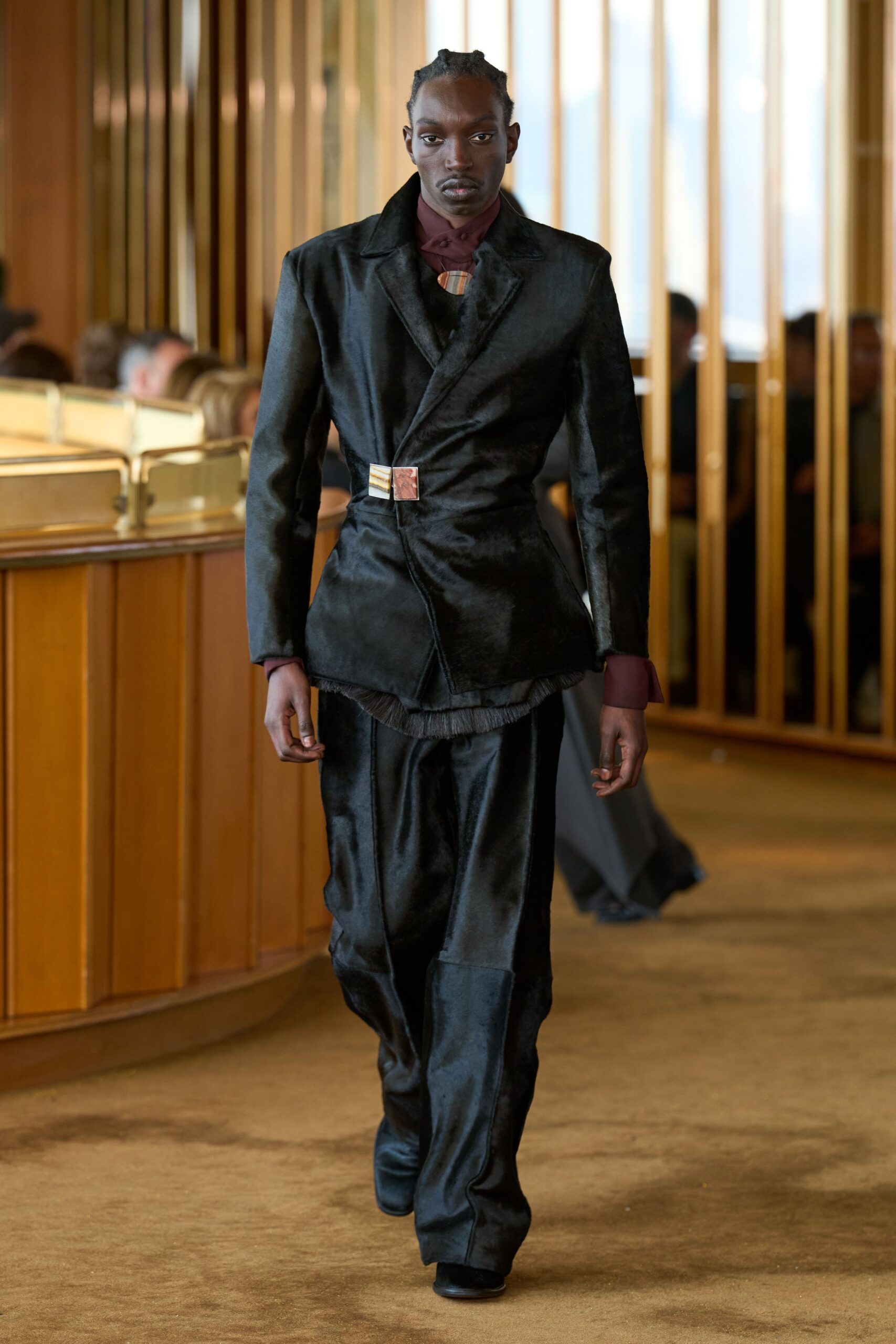 black velvet long-sleeve collared structured buttoned fringed suit