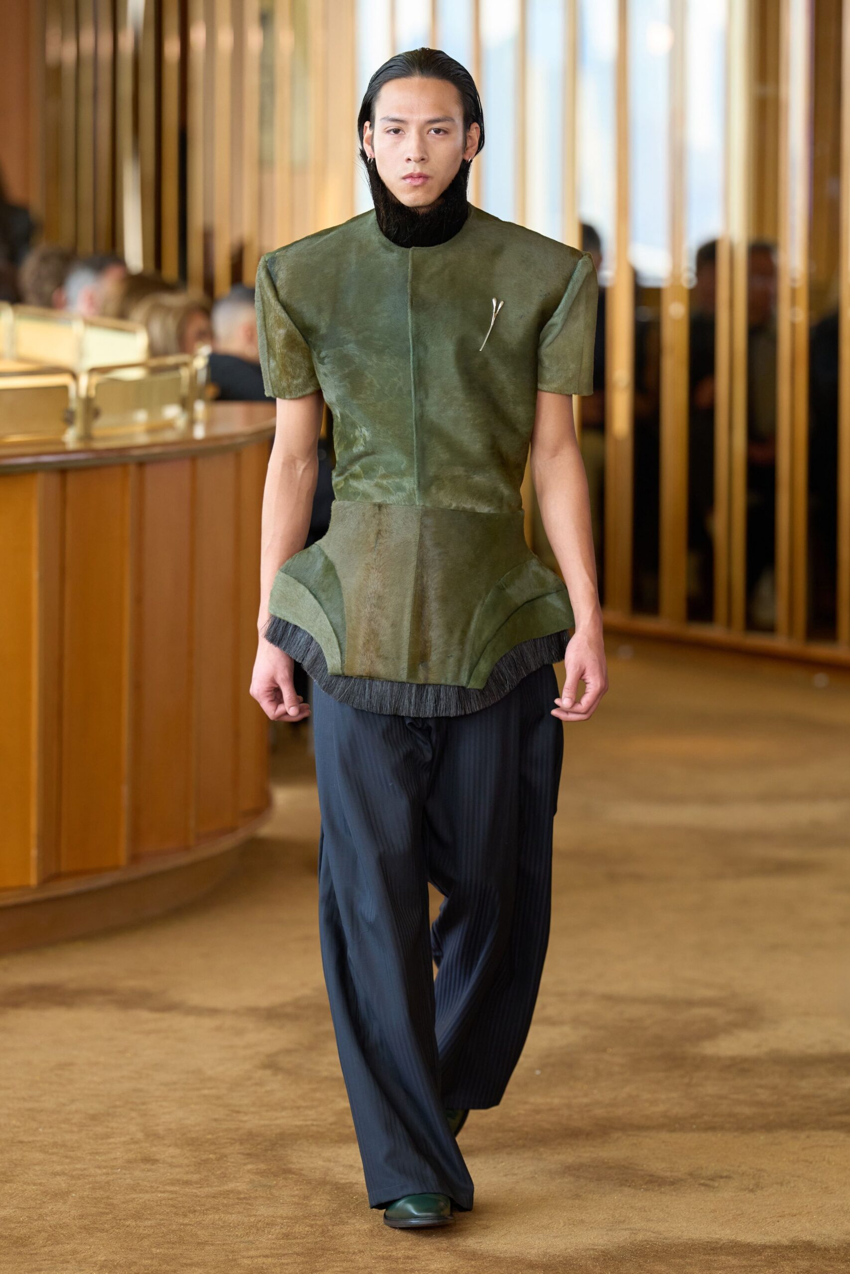 green leather short-sleeve high-neck fitted structured top