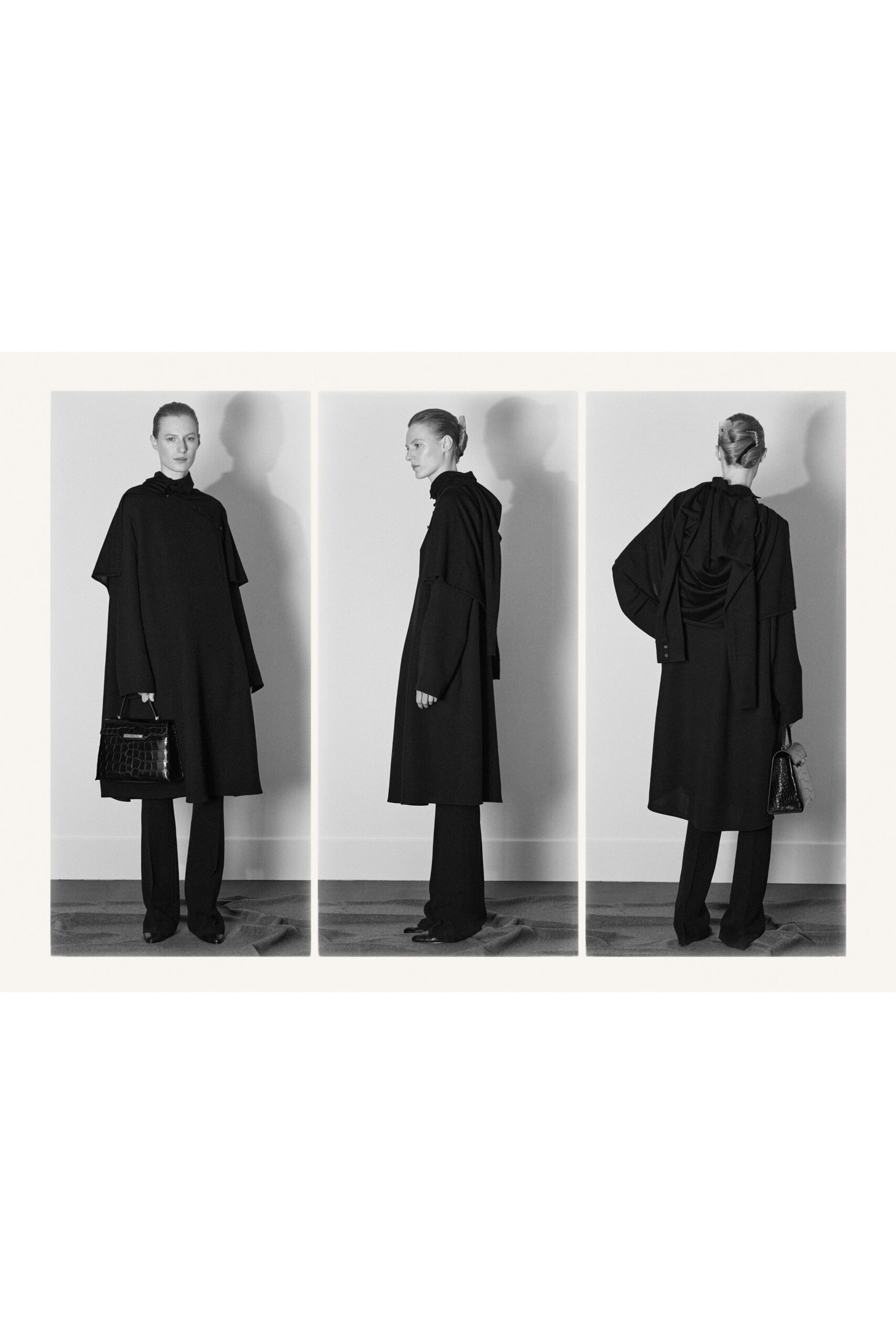 black wool long-sleeve collared relaxed draped cape