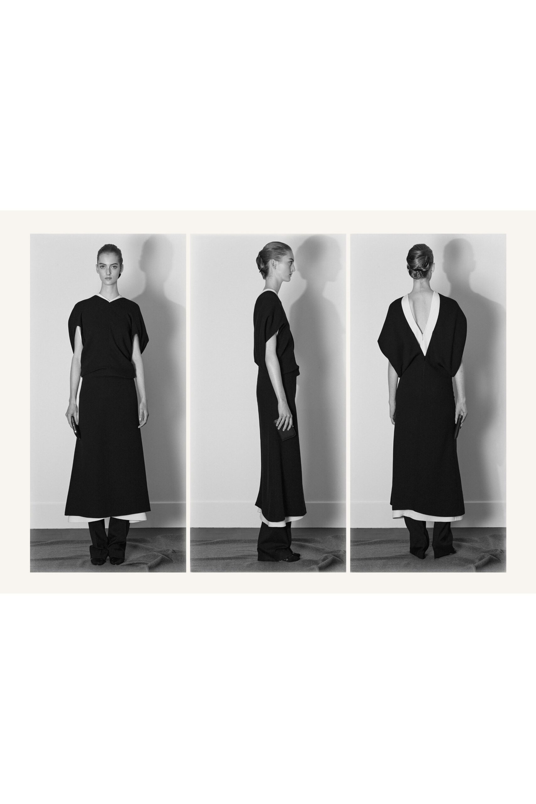 black cotton short-sleeve v-neck fitted draped midi dress