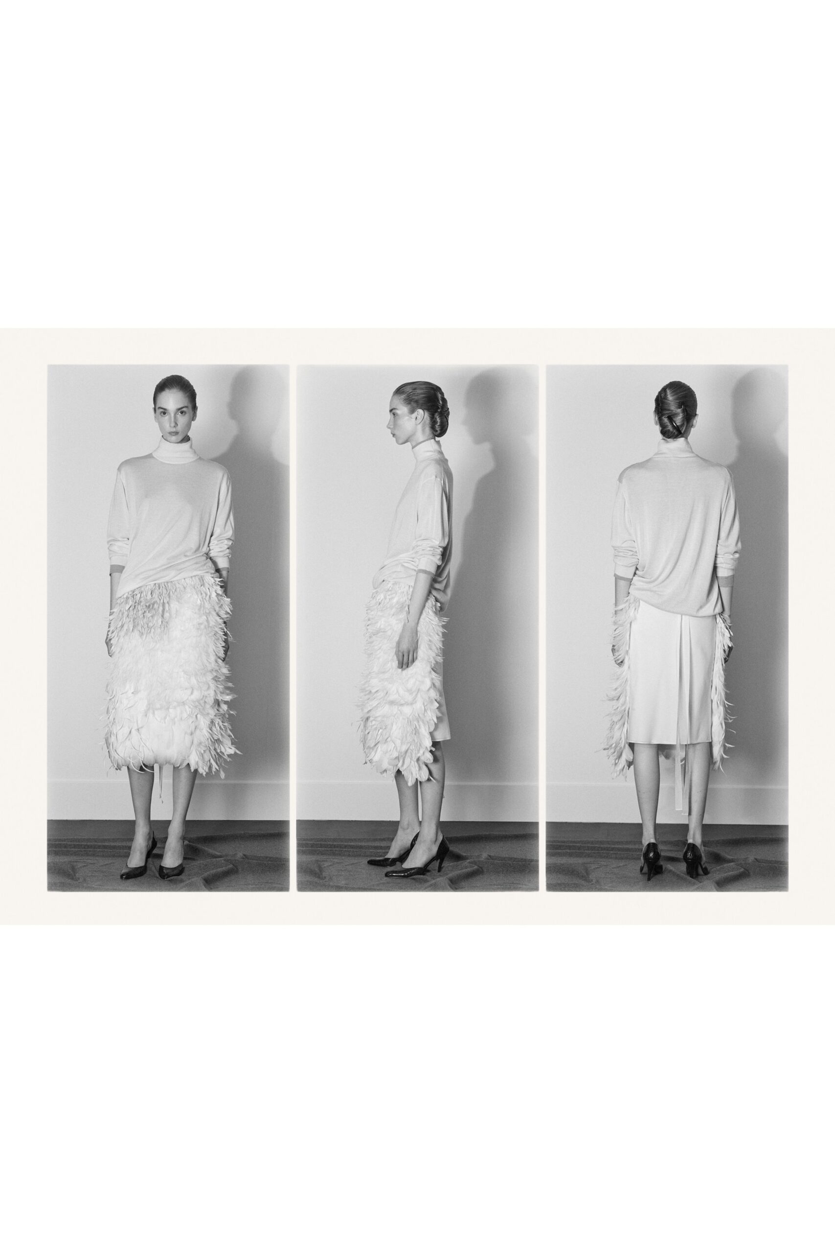 white feather fitted fringed midi skirt
