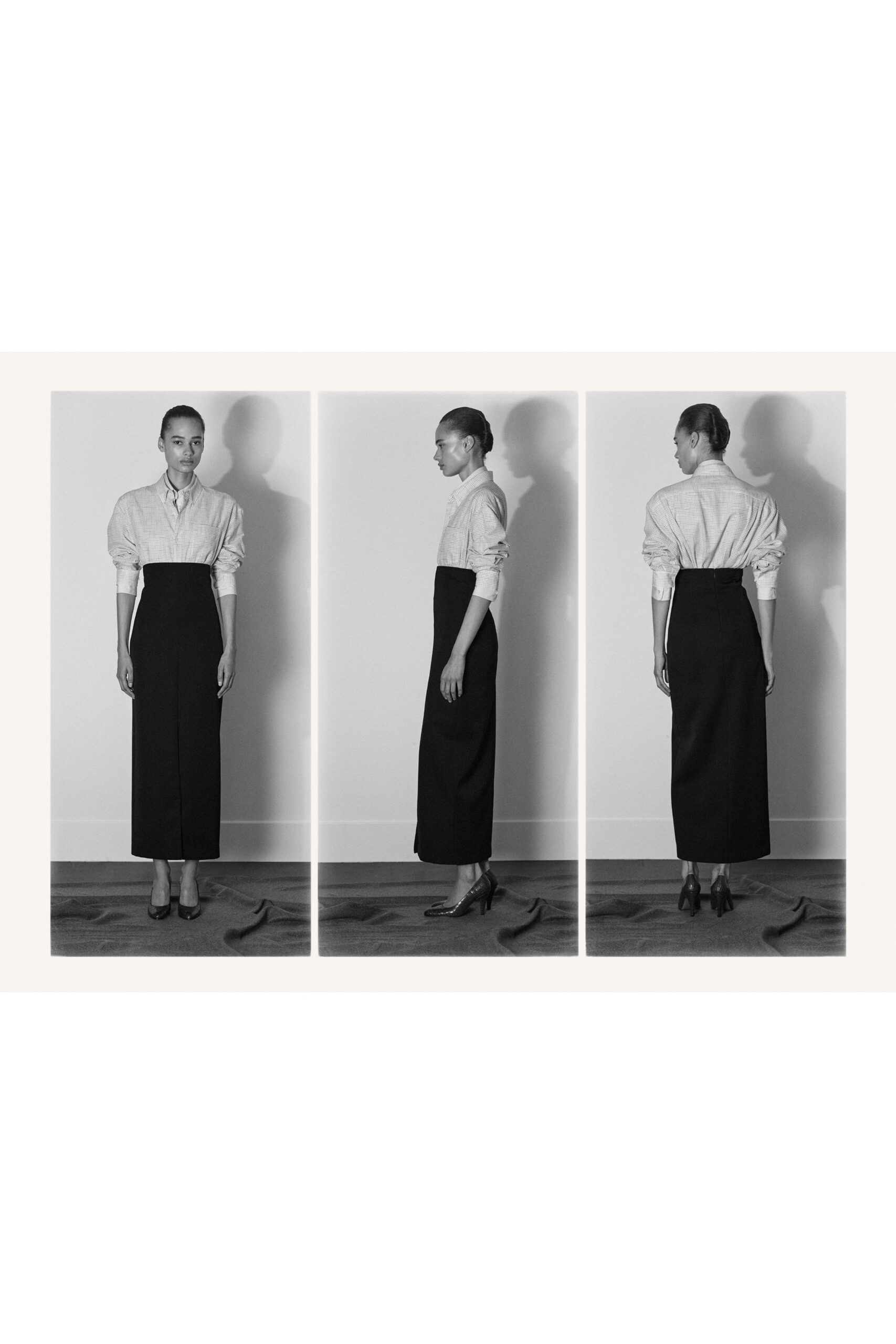 black wool fitted pencil midi skirt