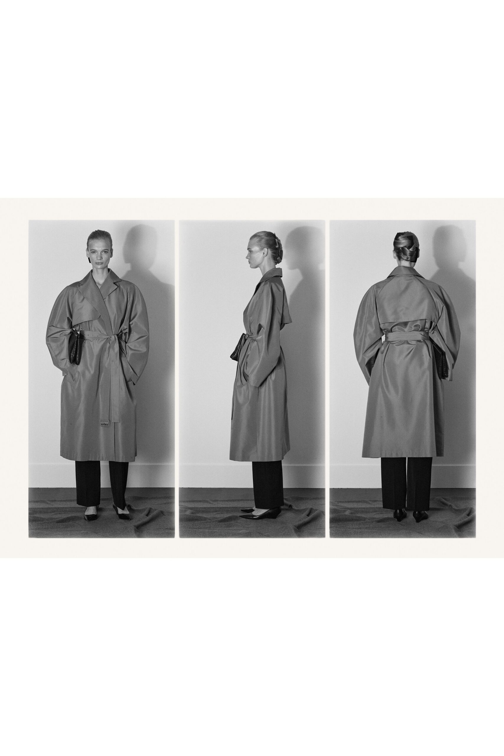 gray cotton long-sleeve collared relaxed belted draped coat