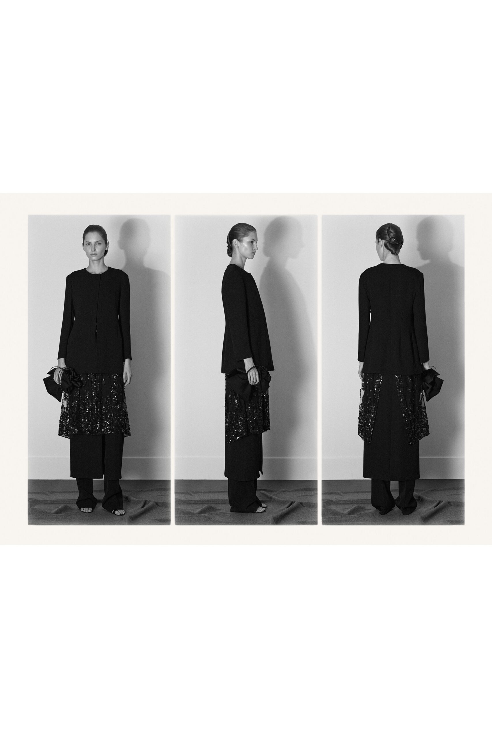 black silk long-sleeve collared relaxed layered top