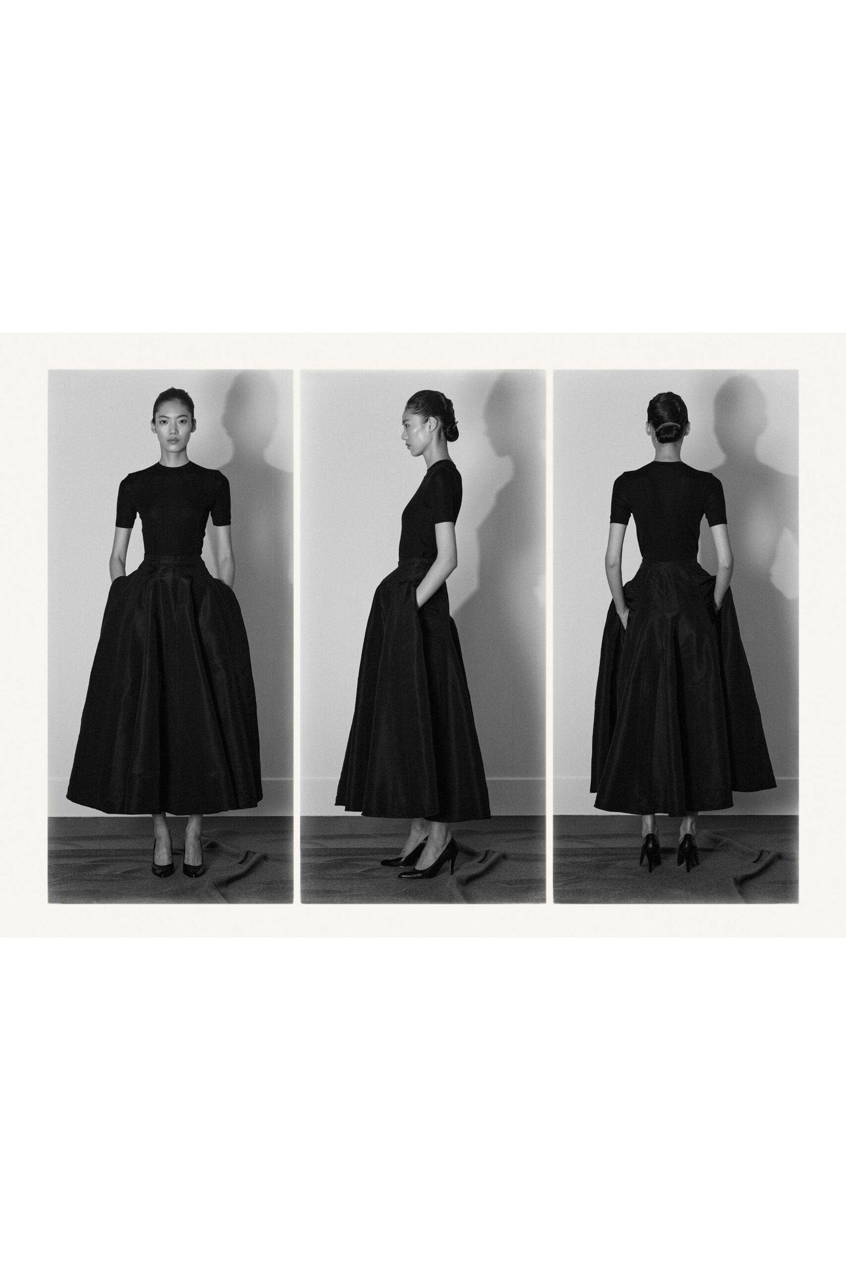 black silk short-sleeve v-neck fitted a-line pleated dress