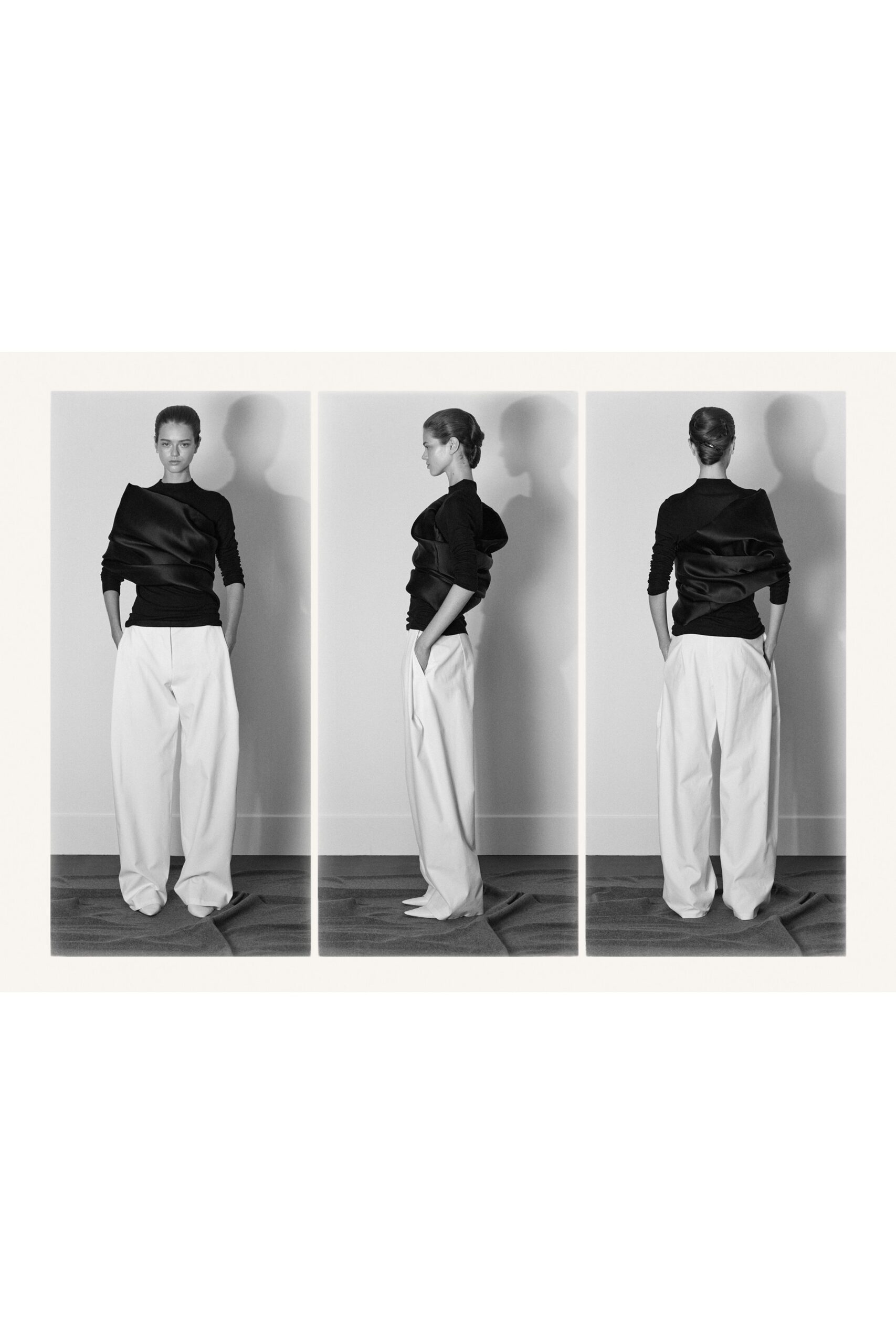 black silk long-sleeve asymmetric fitted draped top